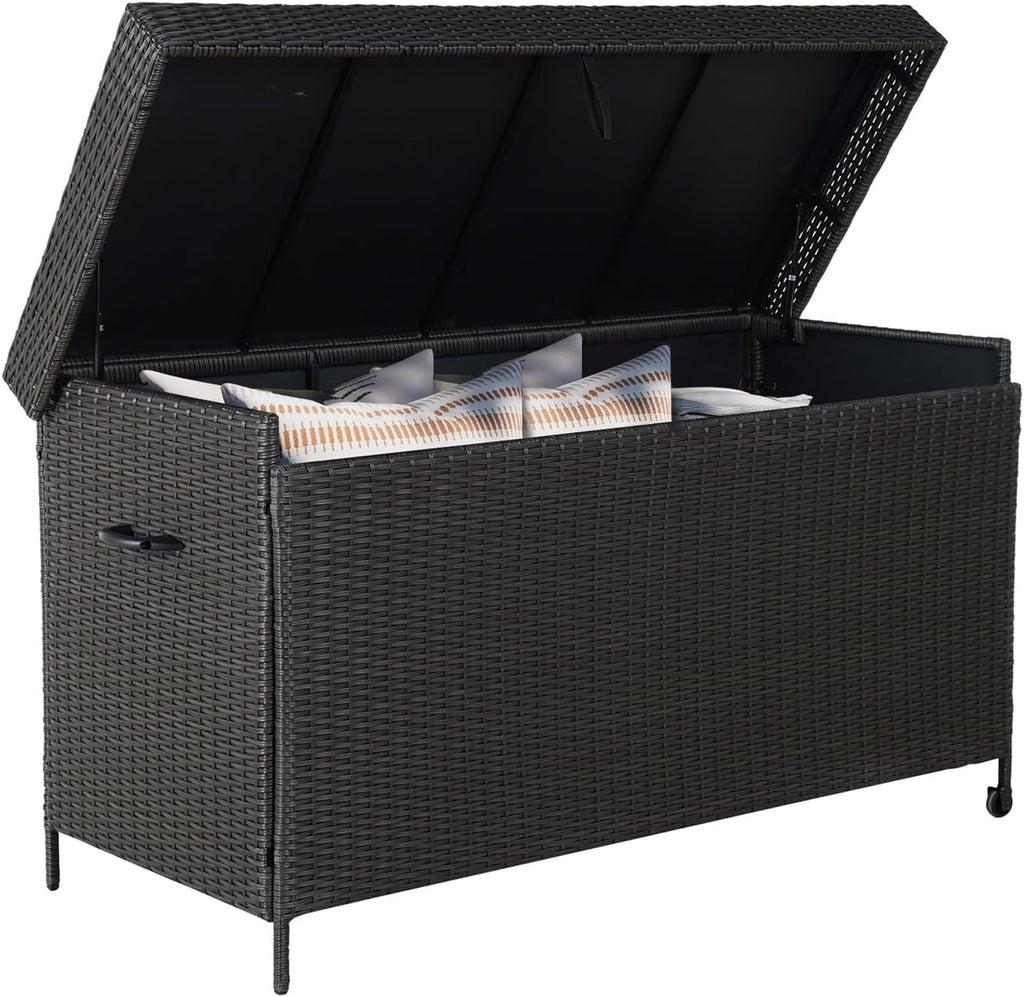 Grand patio 170 Gallon Storage Box, Dark Brown PE Wicker, Minimalist Style, Water Resistant, Flip Top, Smooth Wheels, for Patio Furniture Cushions, Garden Tools, Pool Accessories