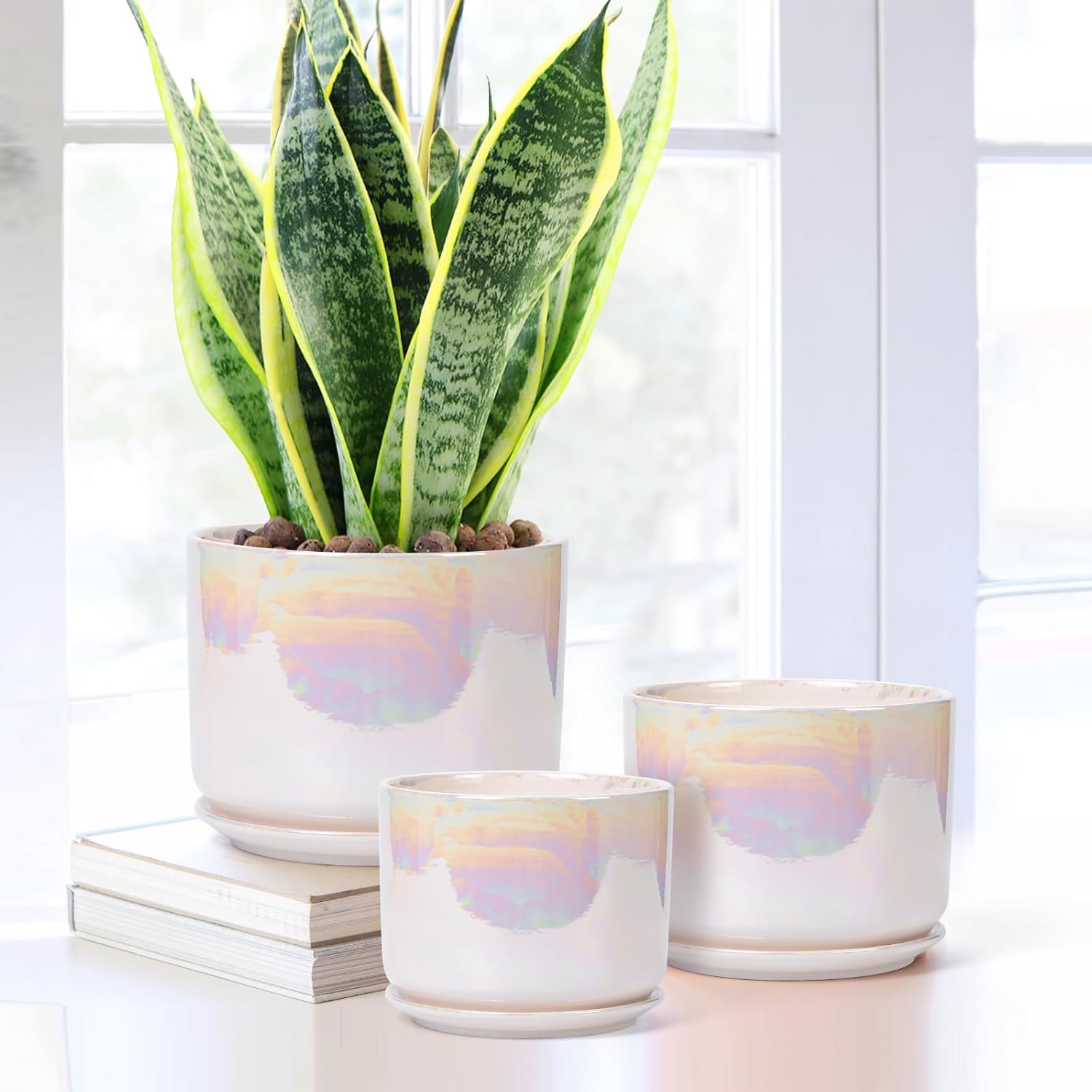 EFISPSS Plant Pots, 4+5+6 Inch Pots for Indoor Plants,Ceramic Planter Pot with Drainage Hole,Flower Pots for Succulent Cactus,Set of 3 - Rainbow Pearl Glaze