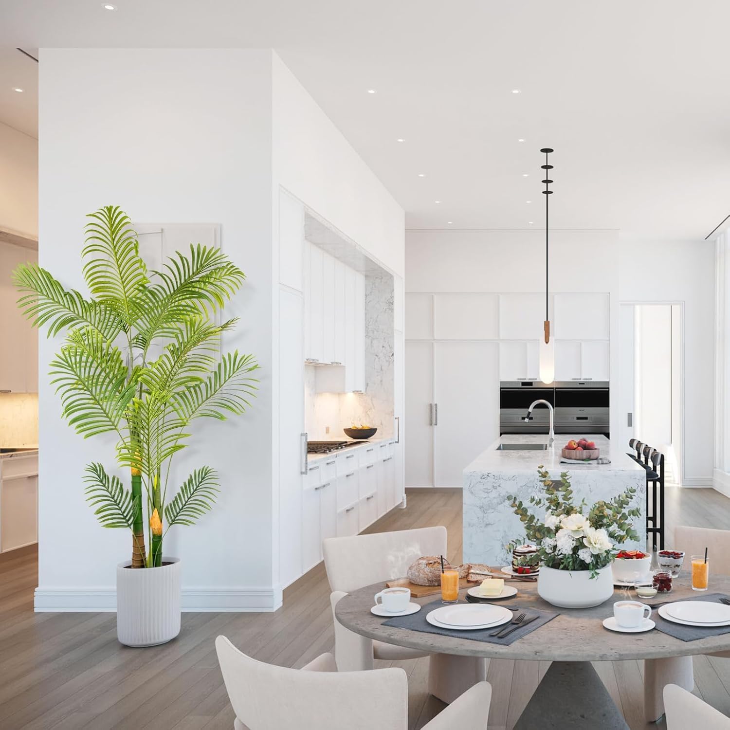 Artificial Fake Palm Tree 6FT 1Pack with White Planter & Free Moss, UV Resistant Artificial Palm Tree for Outdoors, Fake Plants for Poolside Home Room Decor, Faux Plants Outdoor Decor