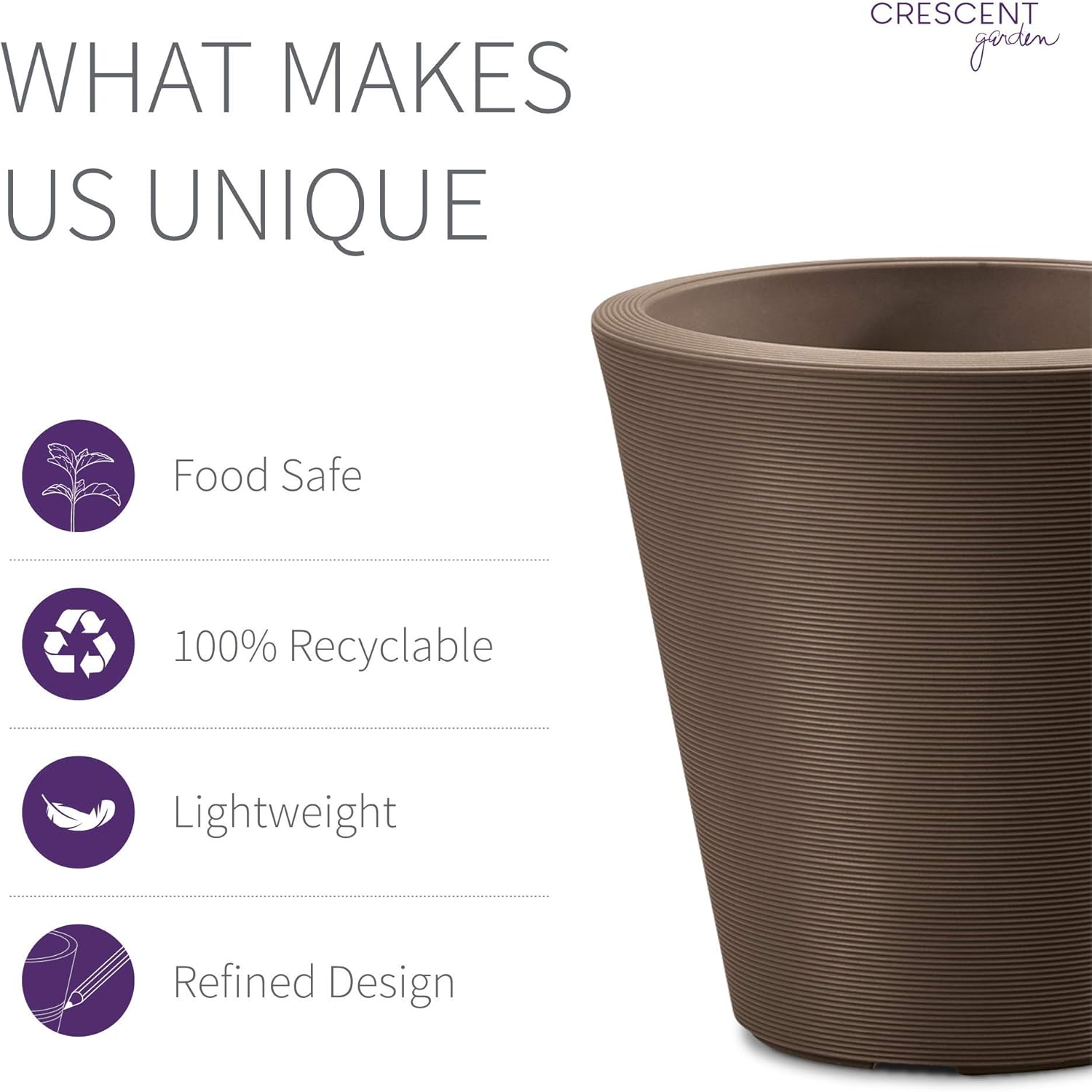 Crescent Garden Madison Planter– Weather-Resistant, Double Walled Indoor/Outdoor Plant Pot with Drain Hole – Durable All-Season Flower Container, 14" W (Bark)