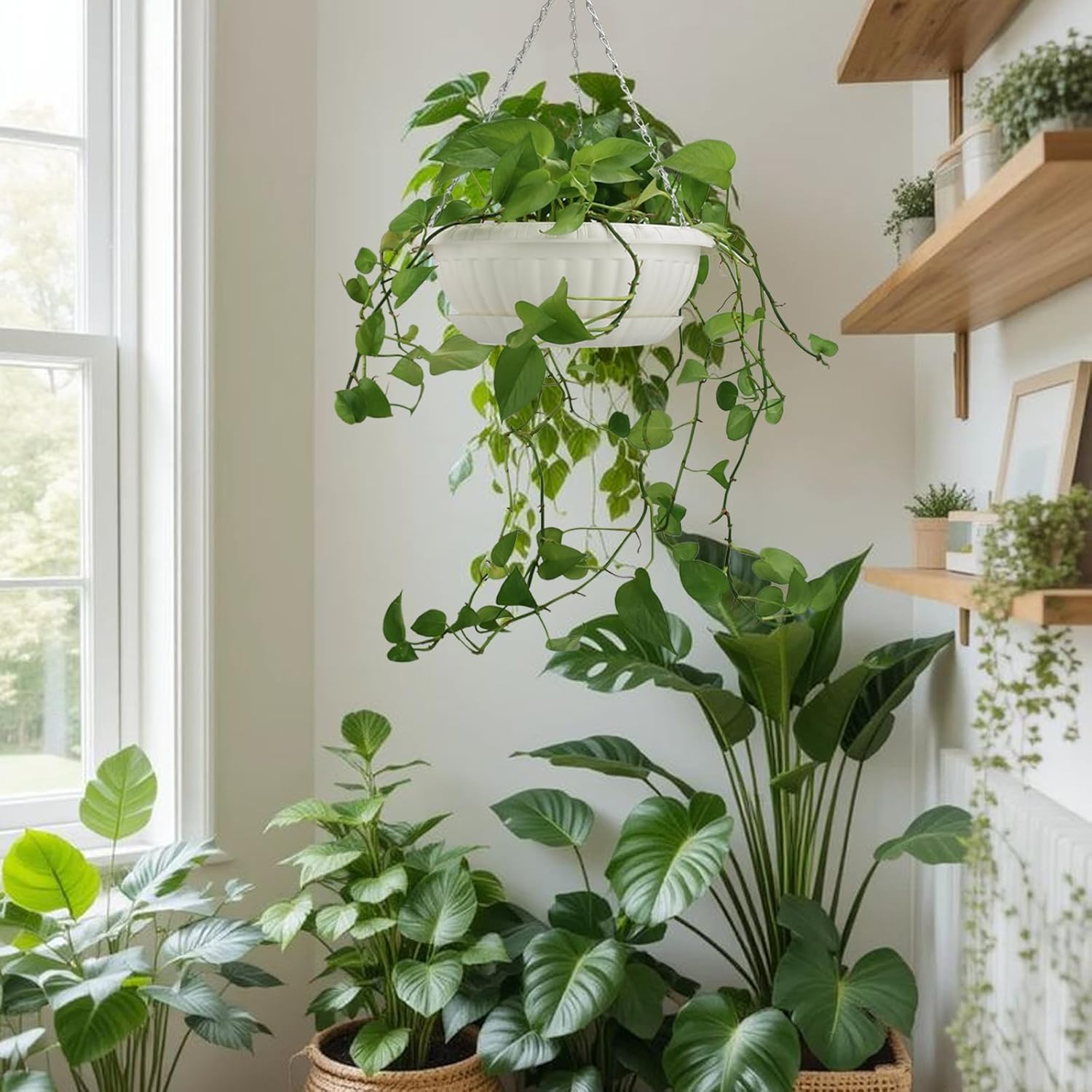 10.63in Hanging Planter Pots for Outdoor and Indoor Plants Flowers with Drainage Hole Tray Hooks Plastic Plant Baskets for Garden Home Porch (White, Pack of 6)