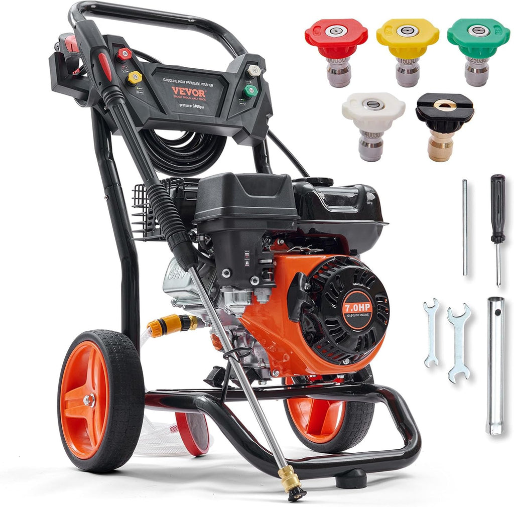 VEVOR Gas Powered Pressure Washer 3400 PSI 2.6 GPM, with Spray Gun and Extension Wand, 5 Quick Connect Nozzles, Copper Pump