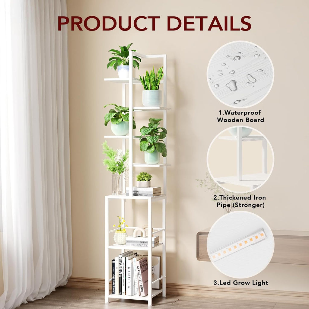 Plant Stand Indoor with Grow Light, 7-Tiered Tall Plant Stand Indoor, Metal Plant Shelf with Bookshelf Bookcase and Adjustable Light, Ideal for Living Room, Reading room, Garden, Patio (white)