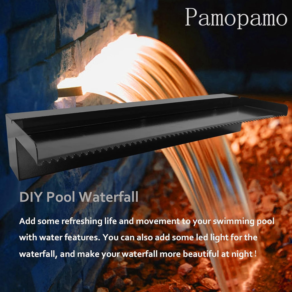 Pond Waterfall Spillway Pool Fountain Water Feature, Black Stainless Steel Outdoor Fountains, Swimming Pool Water Flow Waterfalls Kit for Garden Patio Ponds-35.4"x7.8"x3.9"(NO Light)