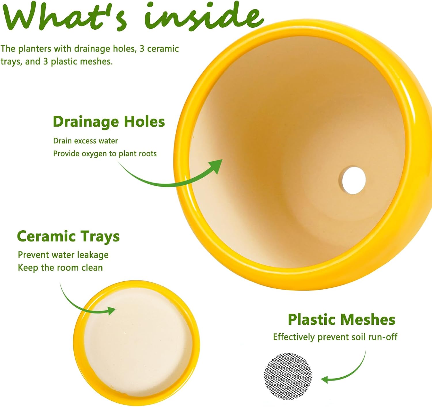 Ceramic Planters Set of 3 - Modern Round 10+8+6 Inch Plant Pots with Drainage Holes and Plant Trays for Indoor Outdoor Flowers, Decorative Garden Room Home Decor, Housewarming Gifts, Yellow