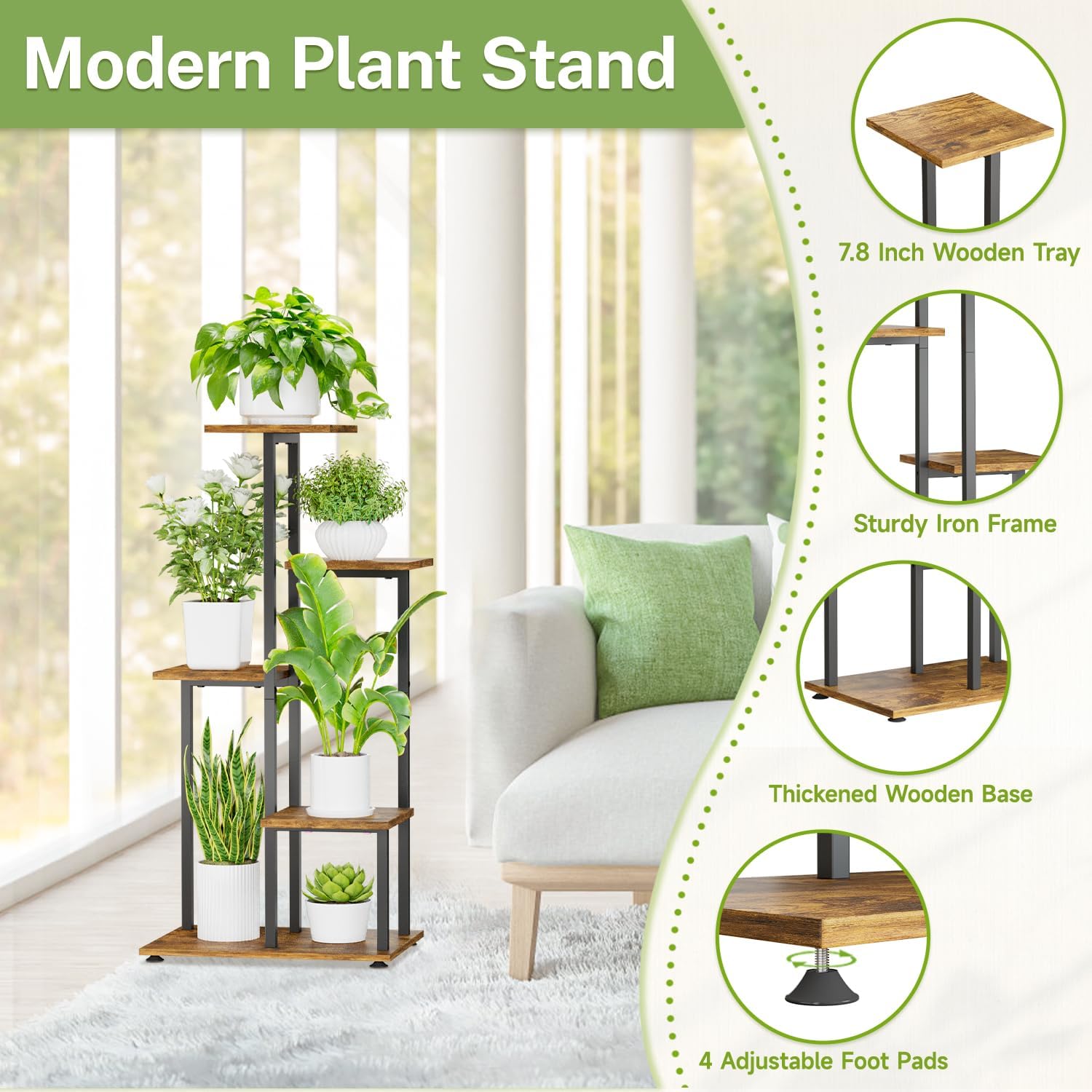 iDavosic.ly 5 Tier Plant Stand Indoor, Tiered Corner Flower Holder Shelf Outdoor, Metal Wood Tall Orchid Pot Display Rack for Patio Porch Garden Balcony Office, Modern Black & Rustic Brown