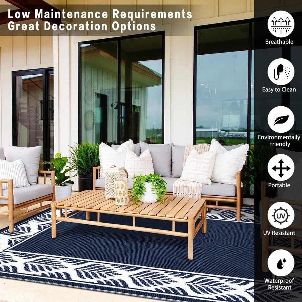 Outdoor Plastic Straw Rug, Waterproof Mat, Washable Large Floor Mat and Rug for Outdoors, RV, Beach, Patio, Camping, Backyard, Deck, Picnic, Outside (Olive-Leaf/Dark Blue&White,9x12ft)