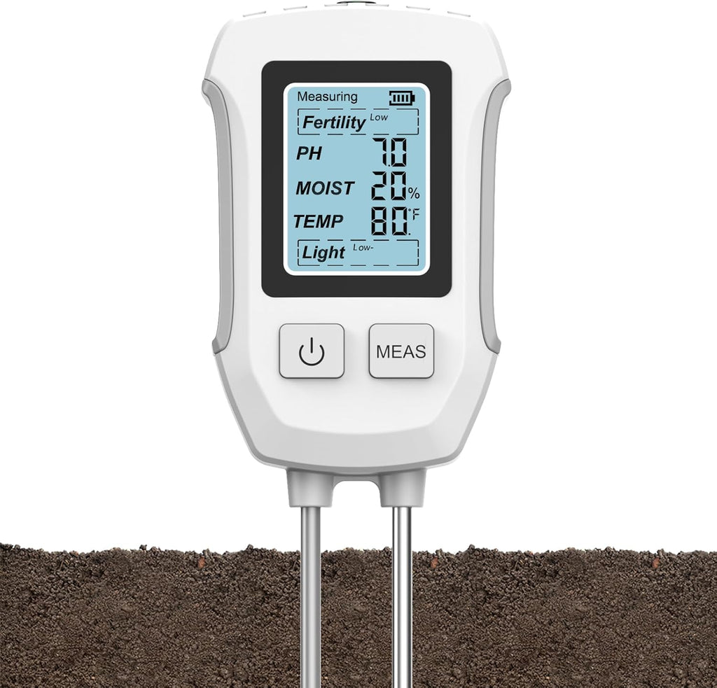 5-in-1 Soil Tester with Dual Probe, Digital Moisture Meter, pH/Temperature/Sunlight/Fertility Tester, Compact & Modern Design, for Lawn, Farming & Outdoor Plants (3*AAA Battery Required)