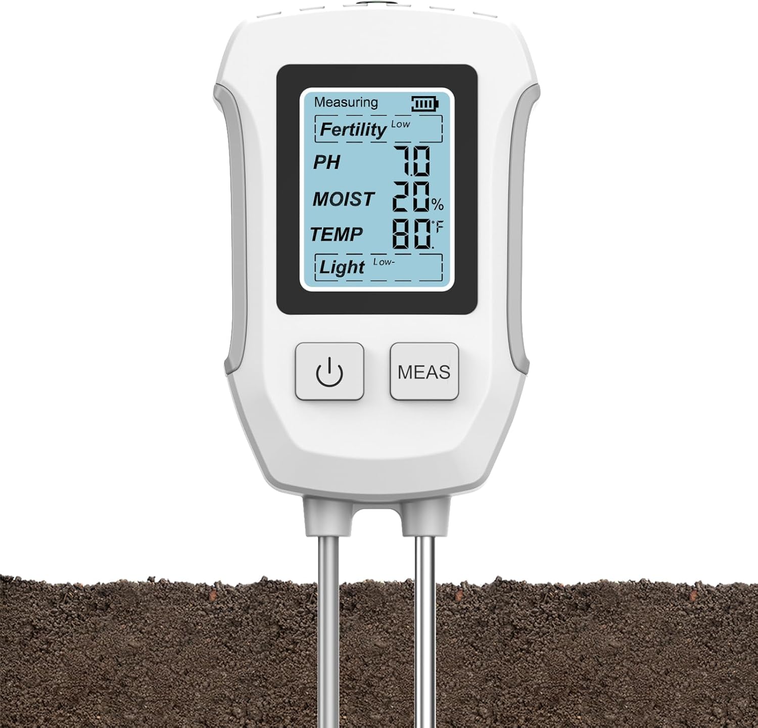 5-in-1 Soil Tester with Dual Probe, Digital Moisture Meter, pH/Temperature/Sunlight/Fertility Tester, Compact & Modern Design, for Lawn, Farming & Outdoor Plants (3*AAA Battery Required)