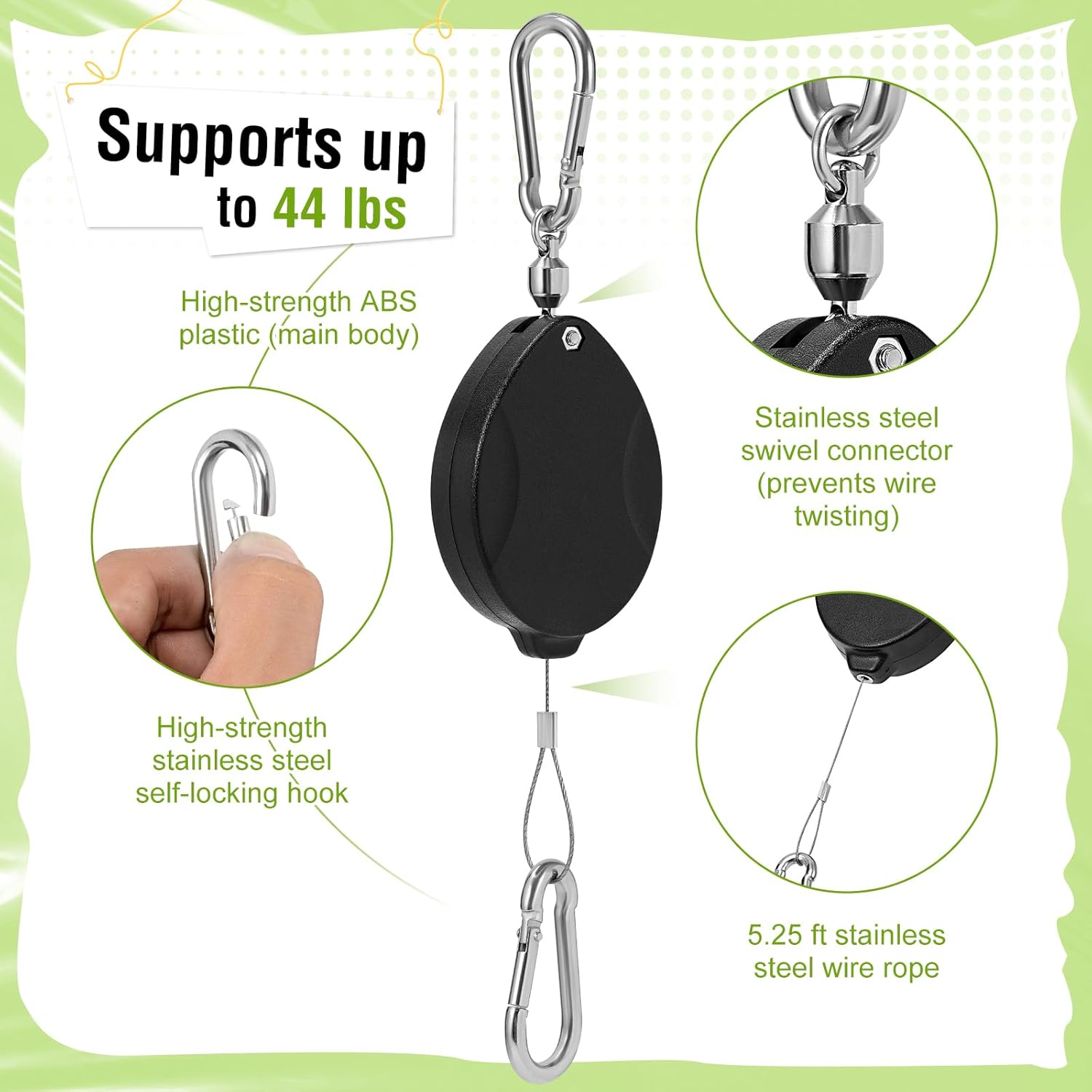 Plant Pulleys, Heavy Duty Retractable Hangers, 304 Stainless Steel Rope, Auto Plant Holder, Adjustable Climbing Hook for Garden Baskets, Watering, or Bird Feeders 2PC (Black)