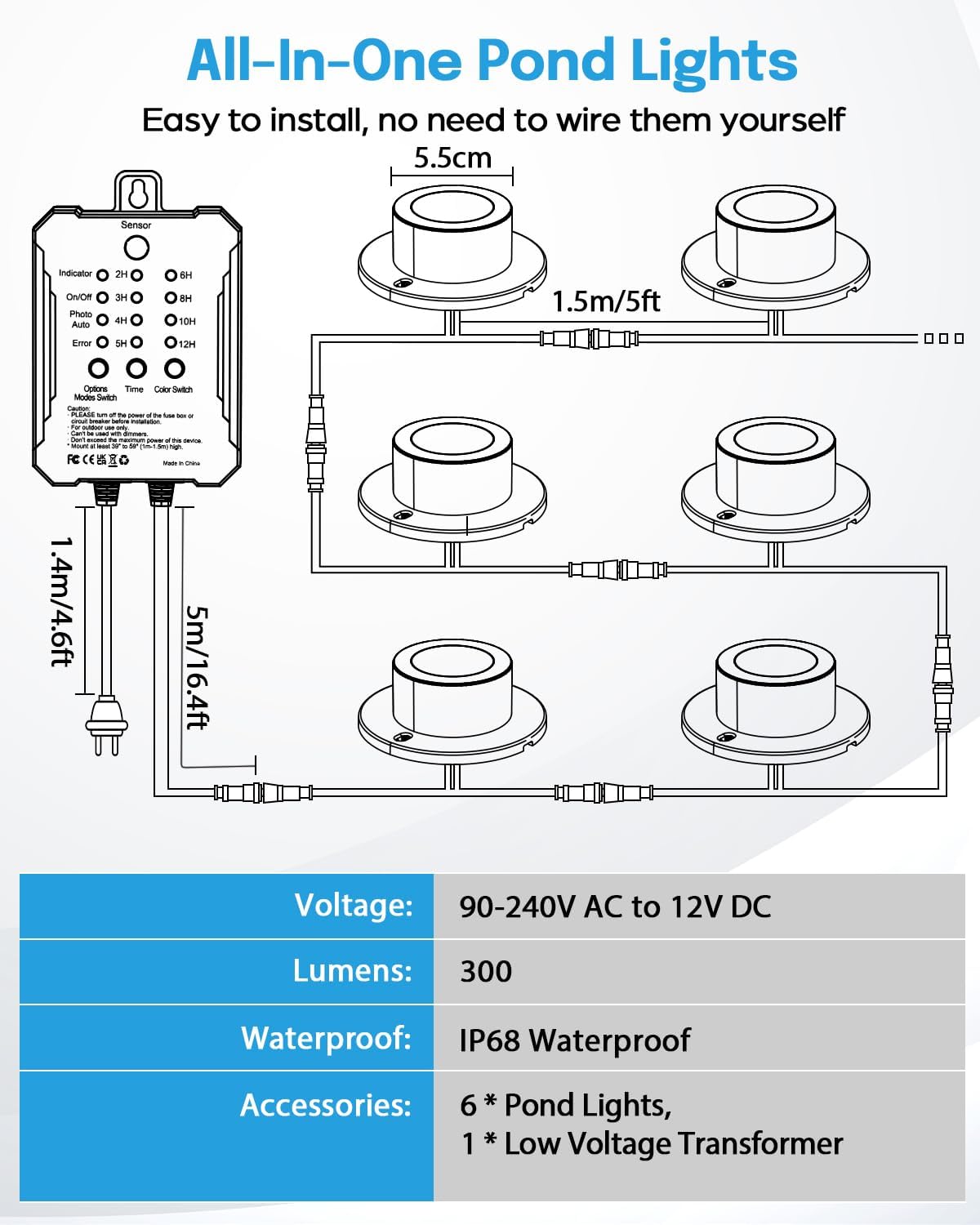 HIBOITEC LED Pond Lights, RGB Underwater Fountain Light with 12V Timer Transformer, Photocell Light Sensor, IP68 Waterproof Outdoor Underwater Lights for Outdoor Ponds Garden, 6 Pack