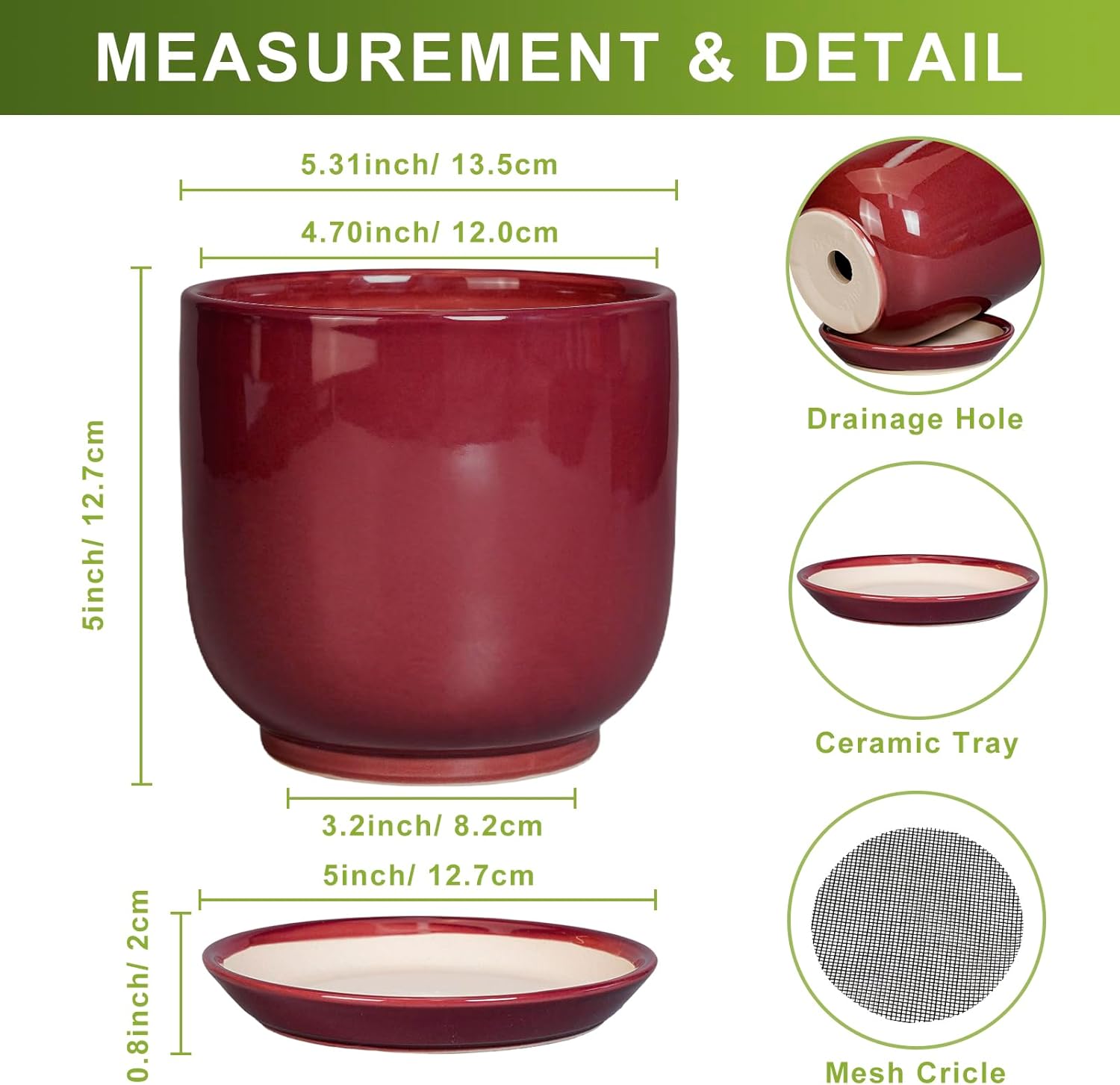 Ceramic Plant Pot - 5 Inch Modern Round Planter for Indoor Plants with Drainage Hole and Saucer, Patio Office House Room Bathroom Decor, Red