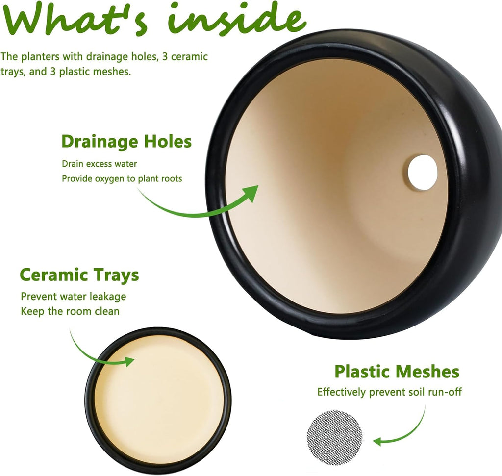 Ceramic Planters Pots - 10 Inch 8 Inch 6 Inch Plant Pots Indoor with Drainage Holes and Saucers Large Planters Mid-Century Flower Pots Outdoor Set of 3 Black