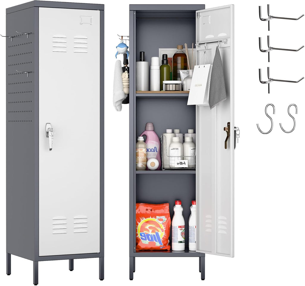 METAN Metal Storage Lockers with Handle Lock and 2 Adjustable Shelves,Office Storage Locker with Pegboards and Hooks,Assembly Required,Grey White