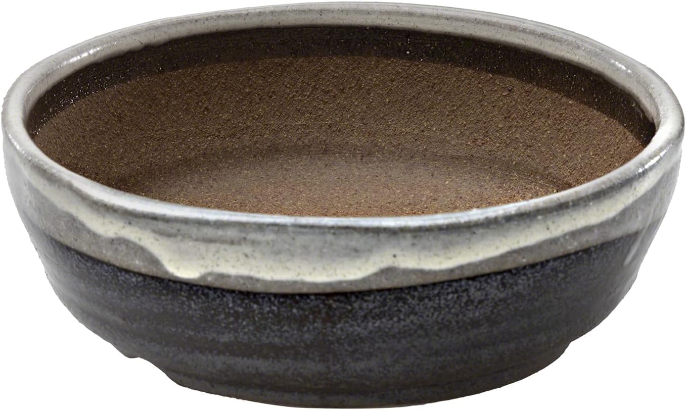 Wazakura Shigaraki Series Handmade Stripe Glazed Ceramic Bonsai Pot with Drainage, 6.6 in (170 mm) Made in Japan, Garden Training Container & Planter - White Stripe Small Size