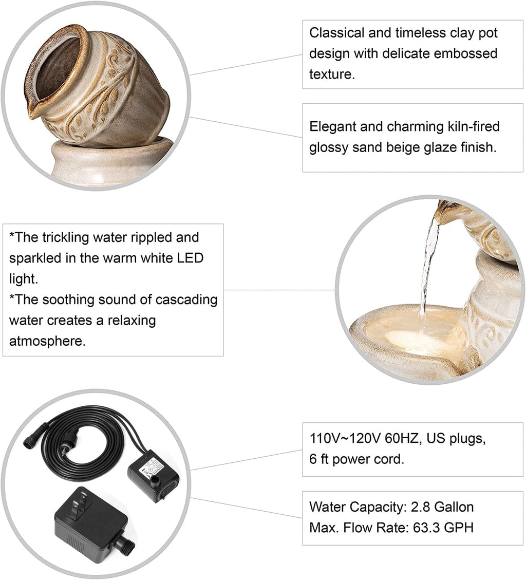 Glitzhome 27.25" H Outdoor Garden Water Fountain with LED Lights and Pump, 4 Tier Sand Beige Embossed Pattern Ceramic Pots Cascading Floor Standing Fountain for Porch Deck Patio Backyard Decoration