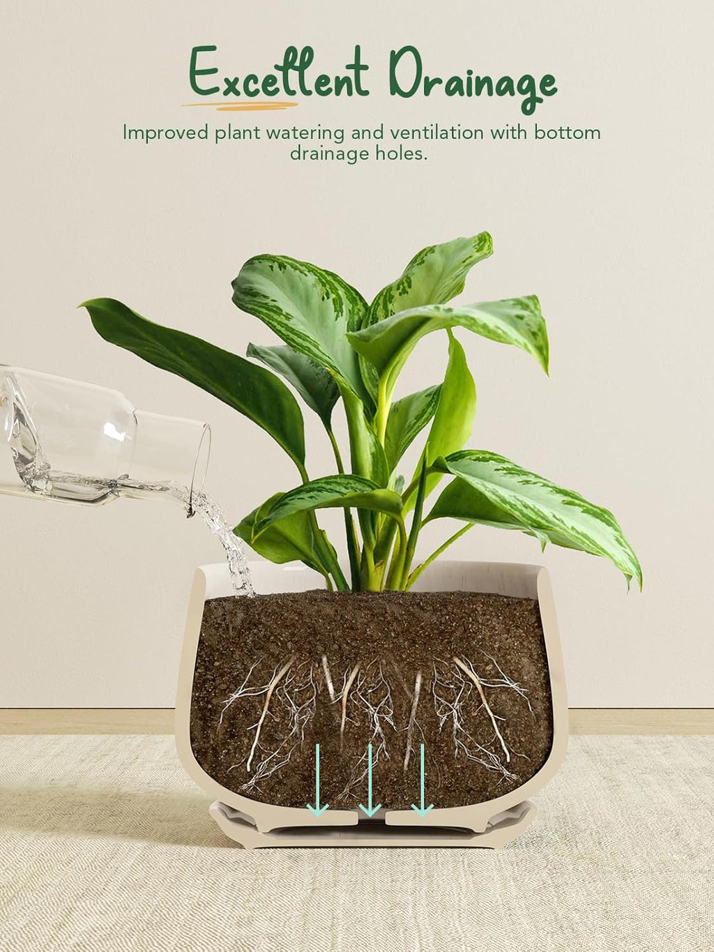 LE TAUCI Plant Pots, 4.1+5.1+6.5 inch, Set of 3, Ceramic Planters with Drainage Hole and Saucer, Indoor Flower Pot with Hole Mesh Pad, Gifts for Mom, Reactive Glaze Beige