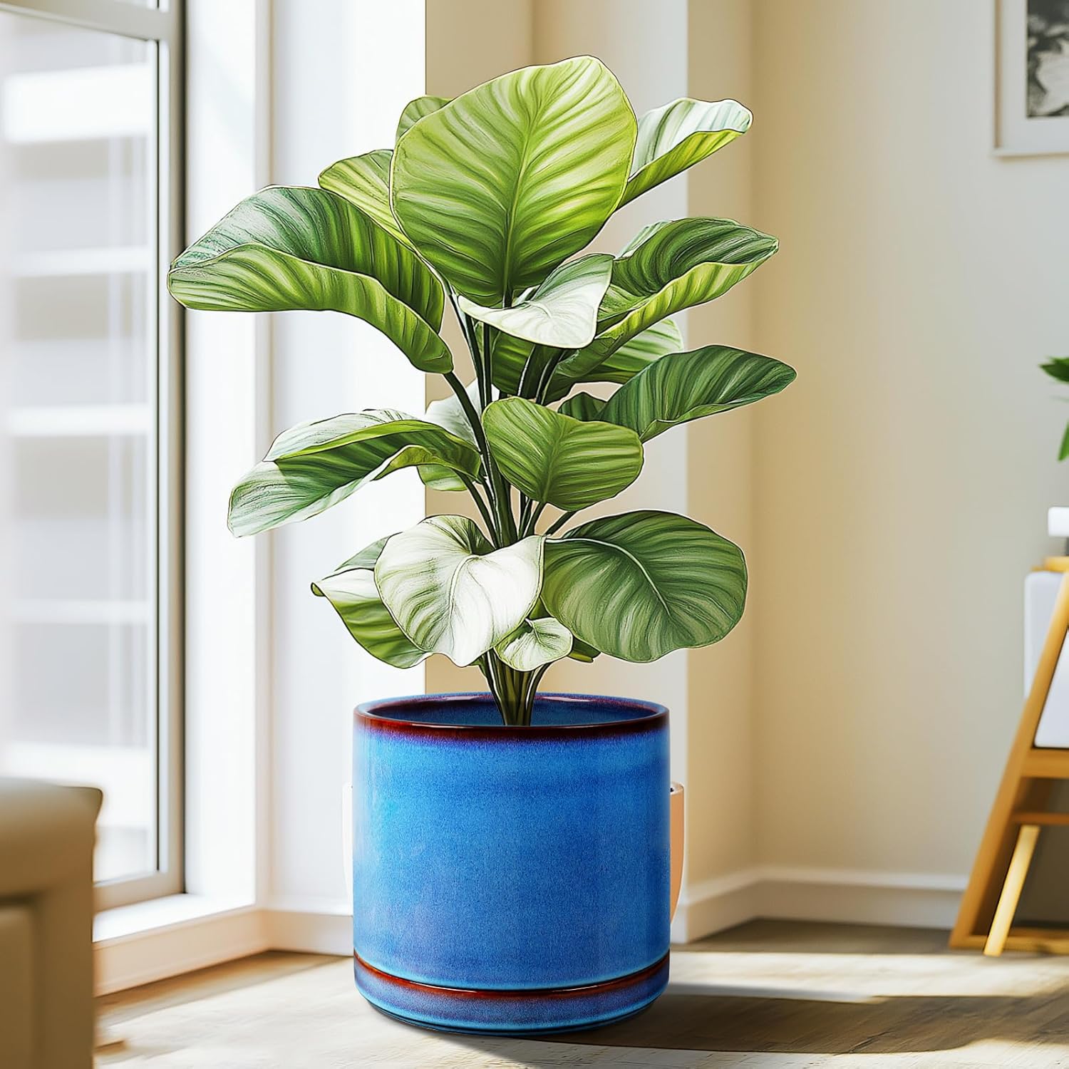 EFISPSS 10 Inch Plant Pot, Ceramic Large Planter for Outdoor Plants, Plant Pots with Drainage Hole and Saucers, Modern Flower Pot for Home Garden Patio Office - Blue