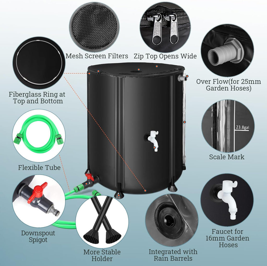 53 Gallon Collapsible Rain Barrel for Garden/Outside/Lawn, Portable Rainwater Collection System, Rain Barrel to Collect Rainwater from Gutter, Water Storage Tank with Two Spigots & Overflow Kit, Black
