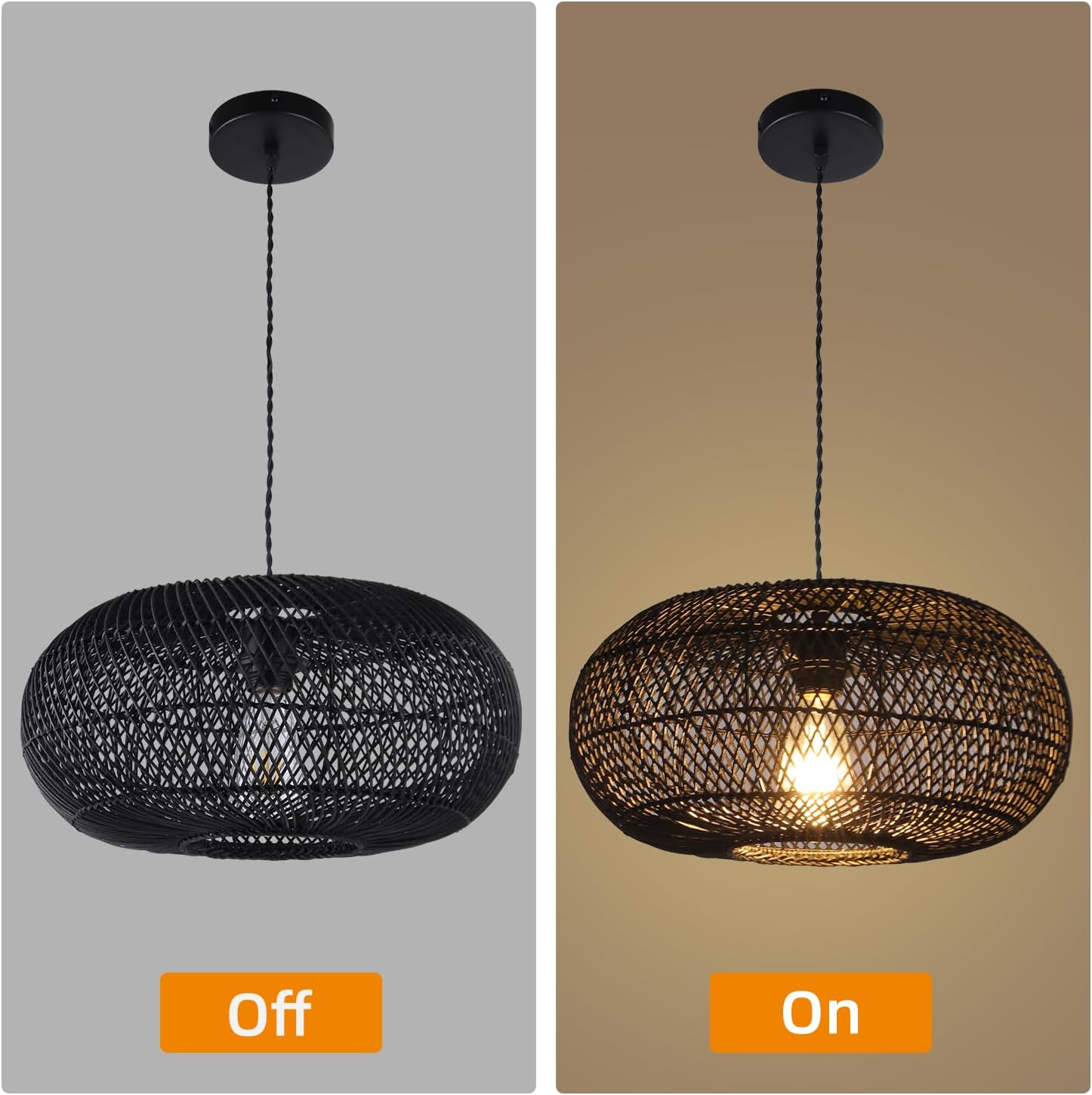 Rattan Pendant Light 15.75" 1-Light Hand-Woven Bamboo Rattan Hanging Lamp Large Globe Wicker Chandelier Modern Bohemian Adjustable Pendant Lamp for Kitchen Island Farmhouse Outdoor Porch Black.…