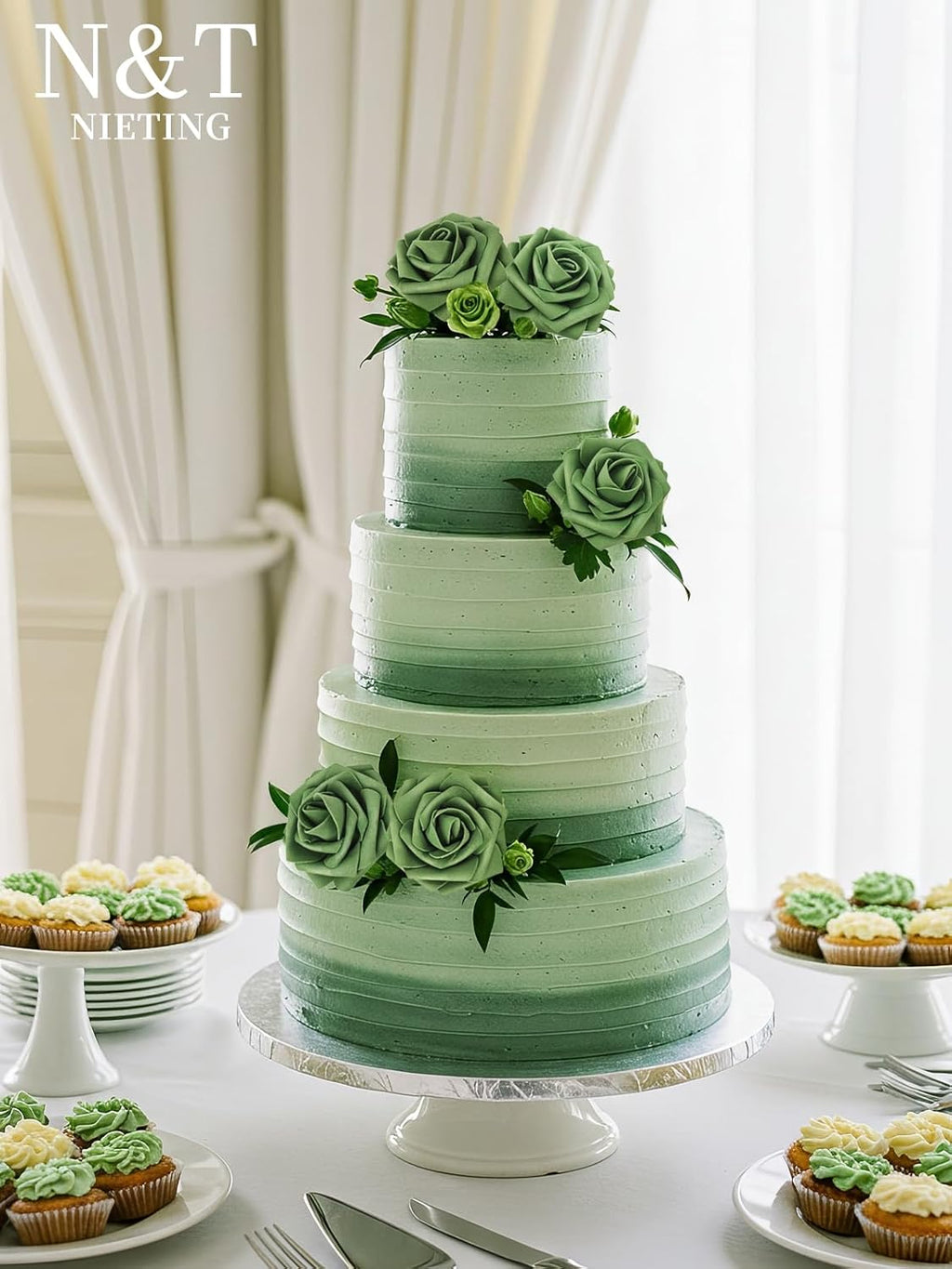 N&T NIETING Artificial Flowers Roses Army Green Foam Rose 50pcs Fake Flowers with Stem for DIY Wedding Bouquets Centerpieces Bridal Baby Shower Party Home Shower Arrangement Decoration