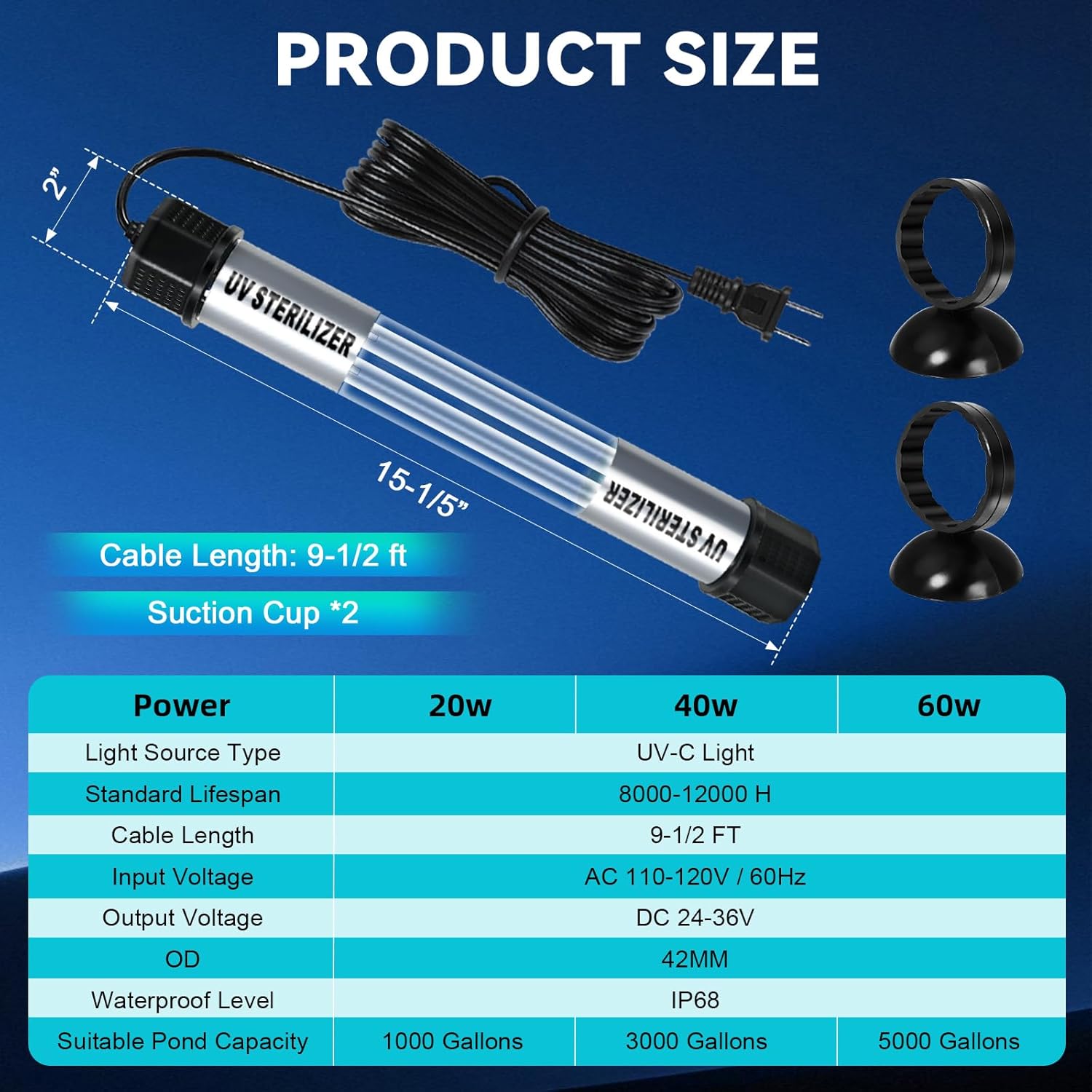 20W Pond UV Light, Waterproof Aquarium UV Light for 100-1000 Gallon, UV Pond Water Purifier for Koi Pond Algae Control in Koi Ponds, Cold Pools, Aquariums, Swimming Pools, Spas and Fish Tanks