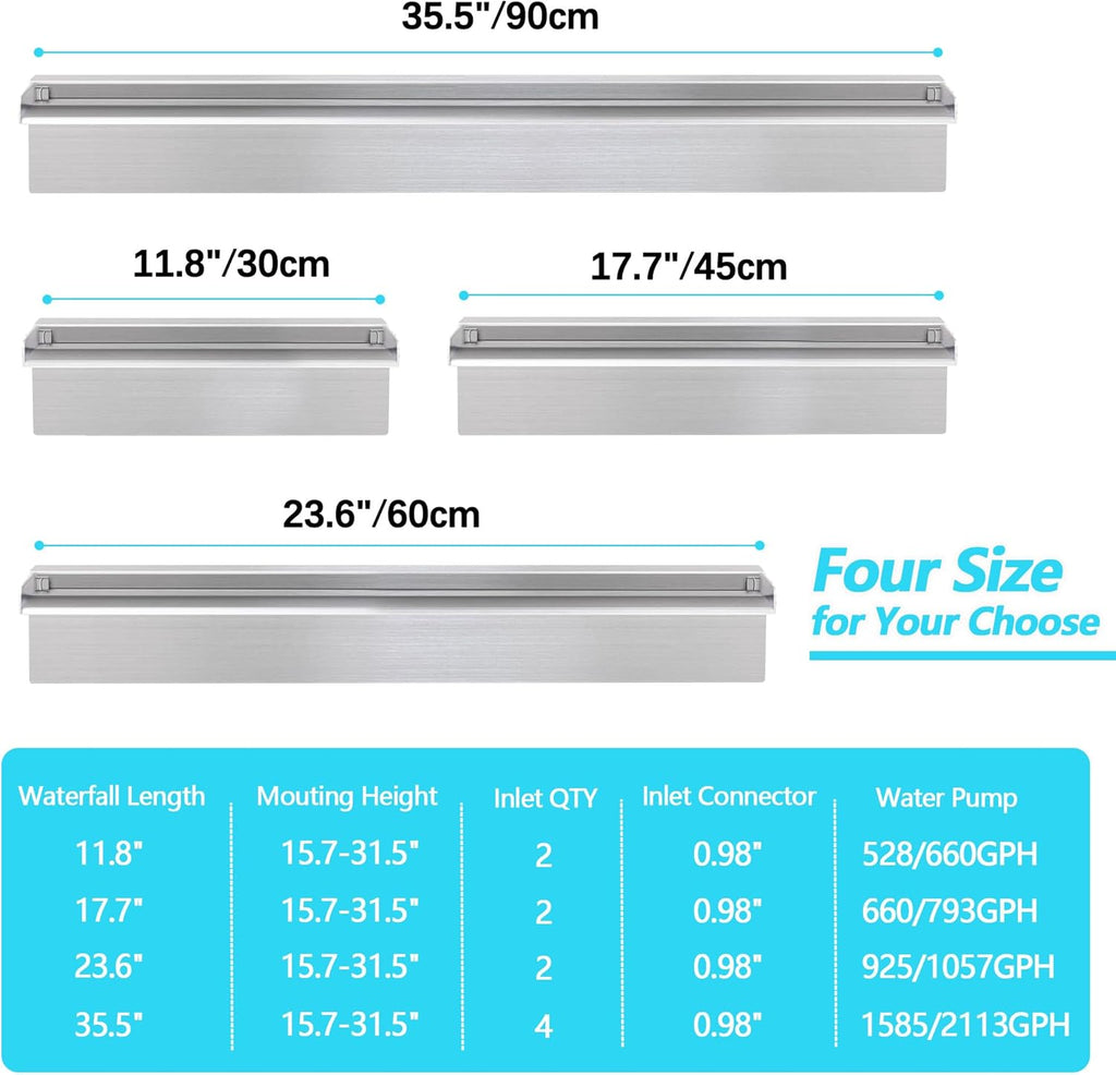 Waterfall Spillway Fountain 304 Stainless Steel Water Pool Fountain with Wider Water Flow Platform,Pool Waterfall for Outdoor Garden and Patio Decorations(35.5 Inch)
