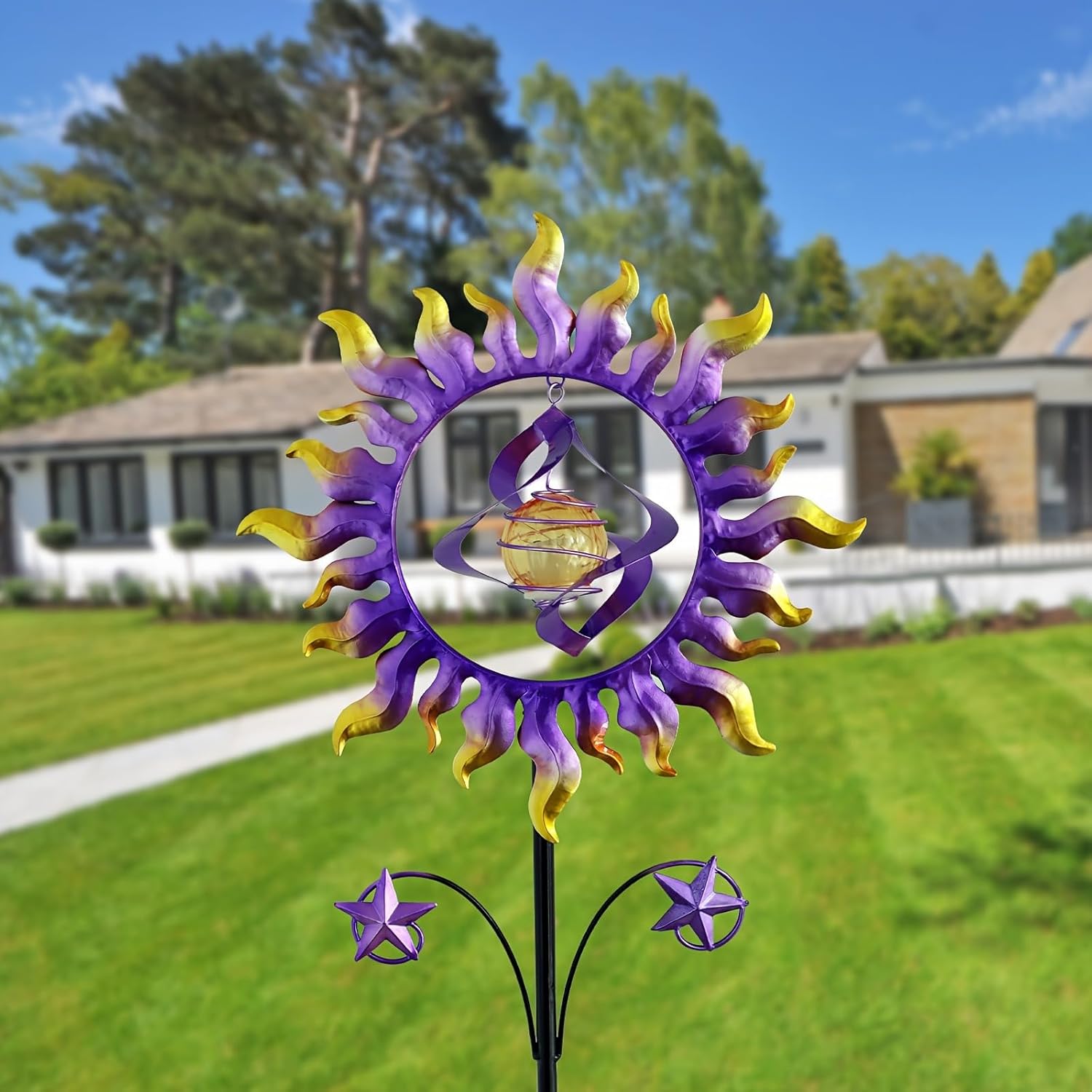 60 in Solar Wind Spinners for Yard and Garden, Sun and Stars Wind Sculptures Outdoor Clearance Kinetic Windmills with 360° Rotating Solar Lamp Ball for Patio, Lawn Xmas Garden Decor