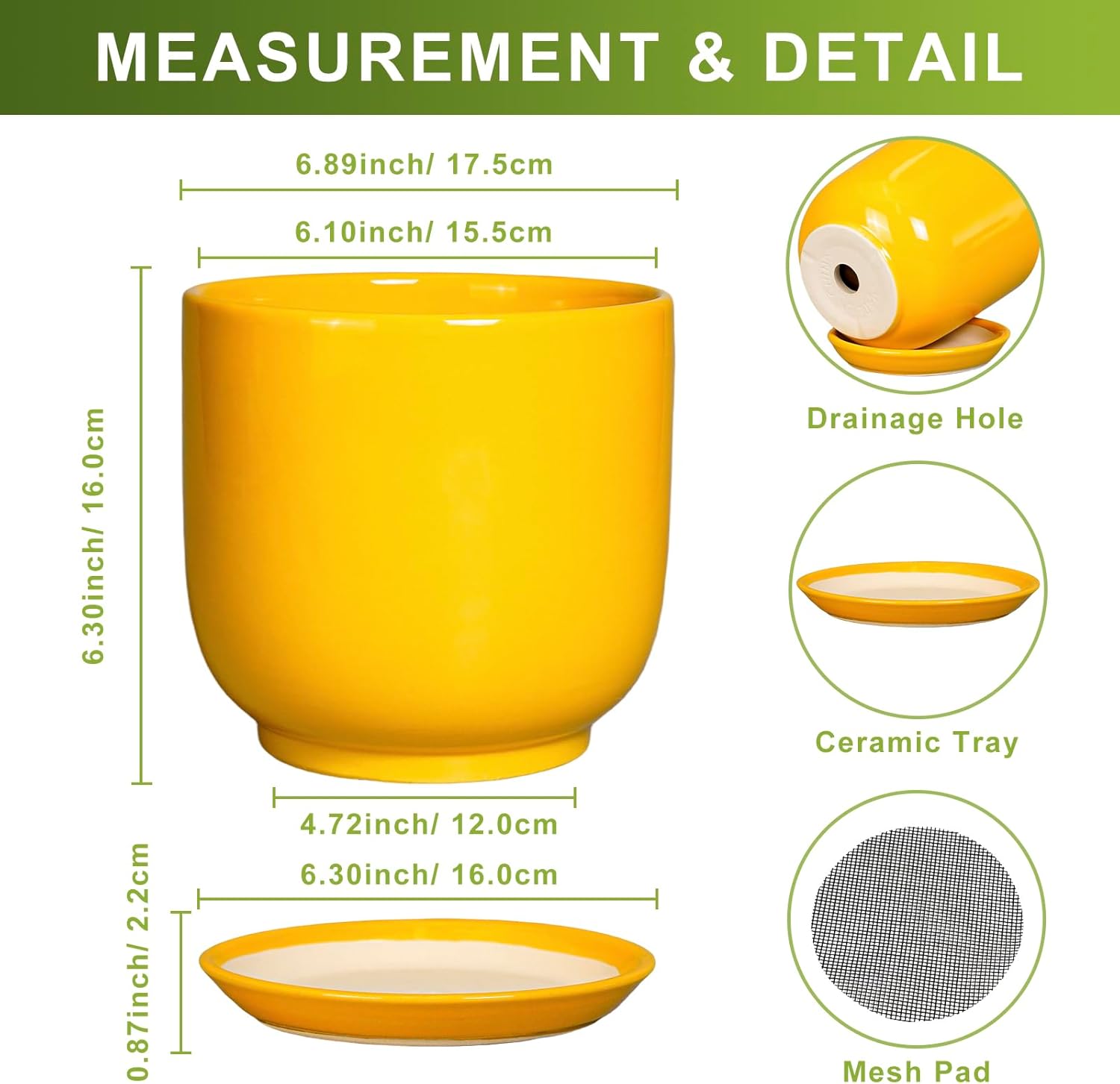 Indoor Plant Pot - 7 Inch Modern Round Ceramic Planter for Indoor Outdoor Plants with Drainage Hole and Saucer, Home Garden Office House Decor, Yellow