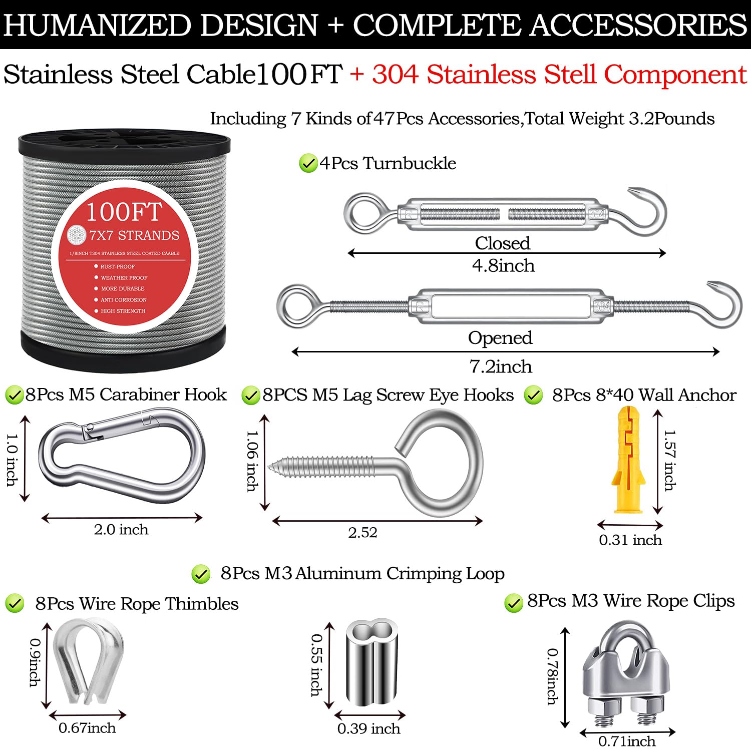 1/8" Wire Rope,100FT 304 Stinless Steel Cable with M5 Turnbuckle-Gardening,Aircraft,Picture Hanging, Clothesline Wire