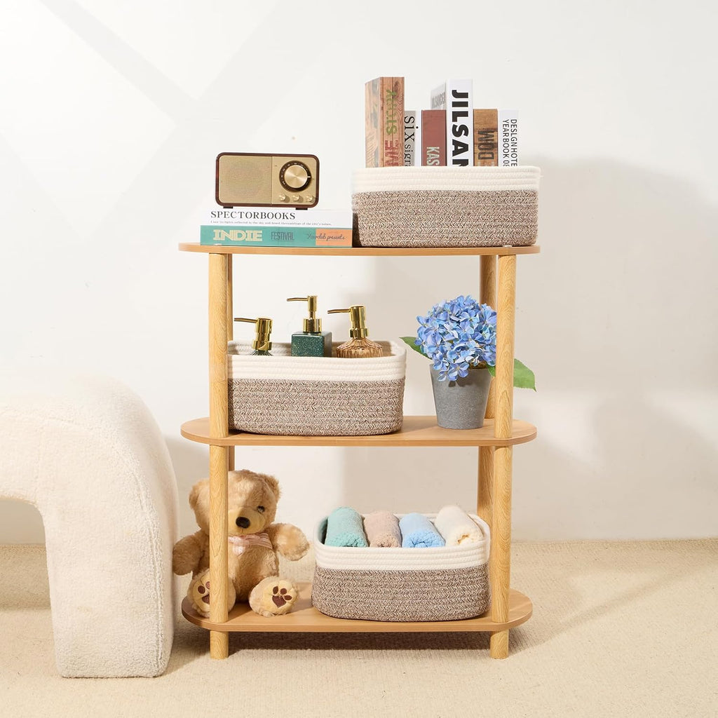 Small Storage Baskets for Organizing | Closet Organizer Bins | Shelf Toy Basket | Woven Rope Baskets | Cube Decorative Box | Shallow Basket | 13x8.5x5.1” | 3 Packs White Brown