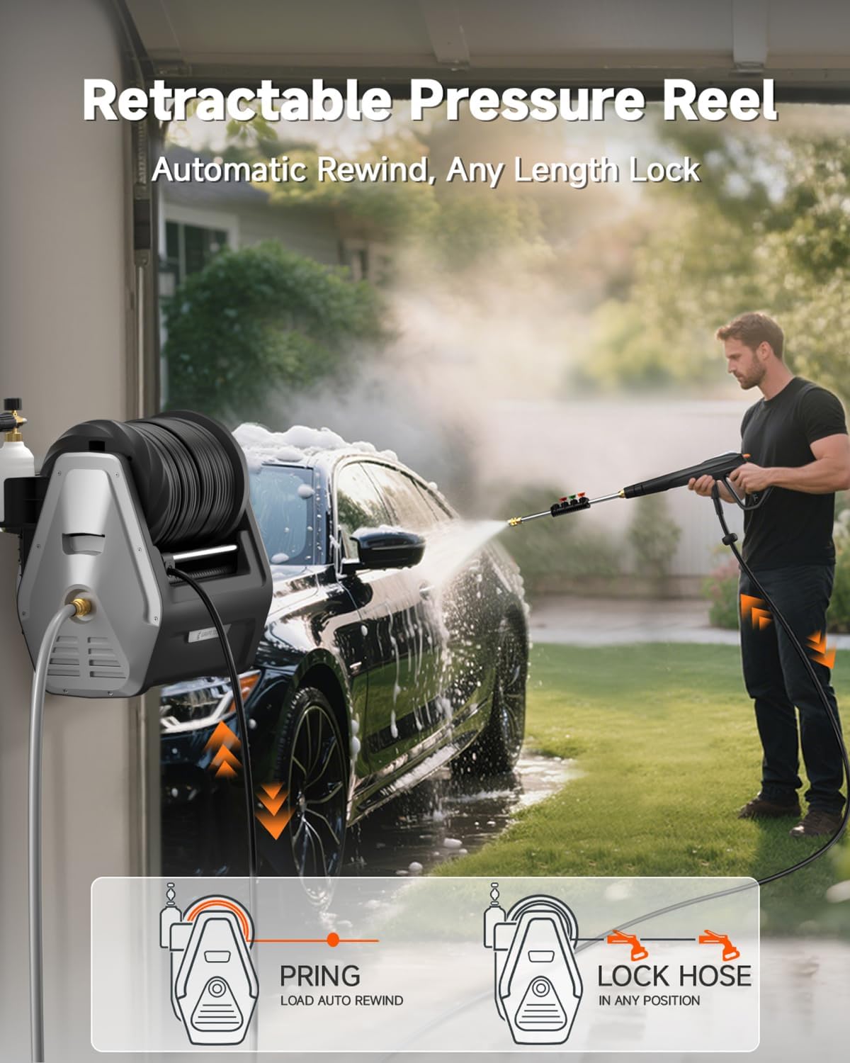 Giraffe Tools Wall Mounted Pressure Washer G30 with Upgraded 1800W Motor, Max 2900 PSI, 2.2 GPM Electric Power Washer with 100ft Retractable Black Pressure Hose, Automatic Rewind, Light Silver