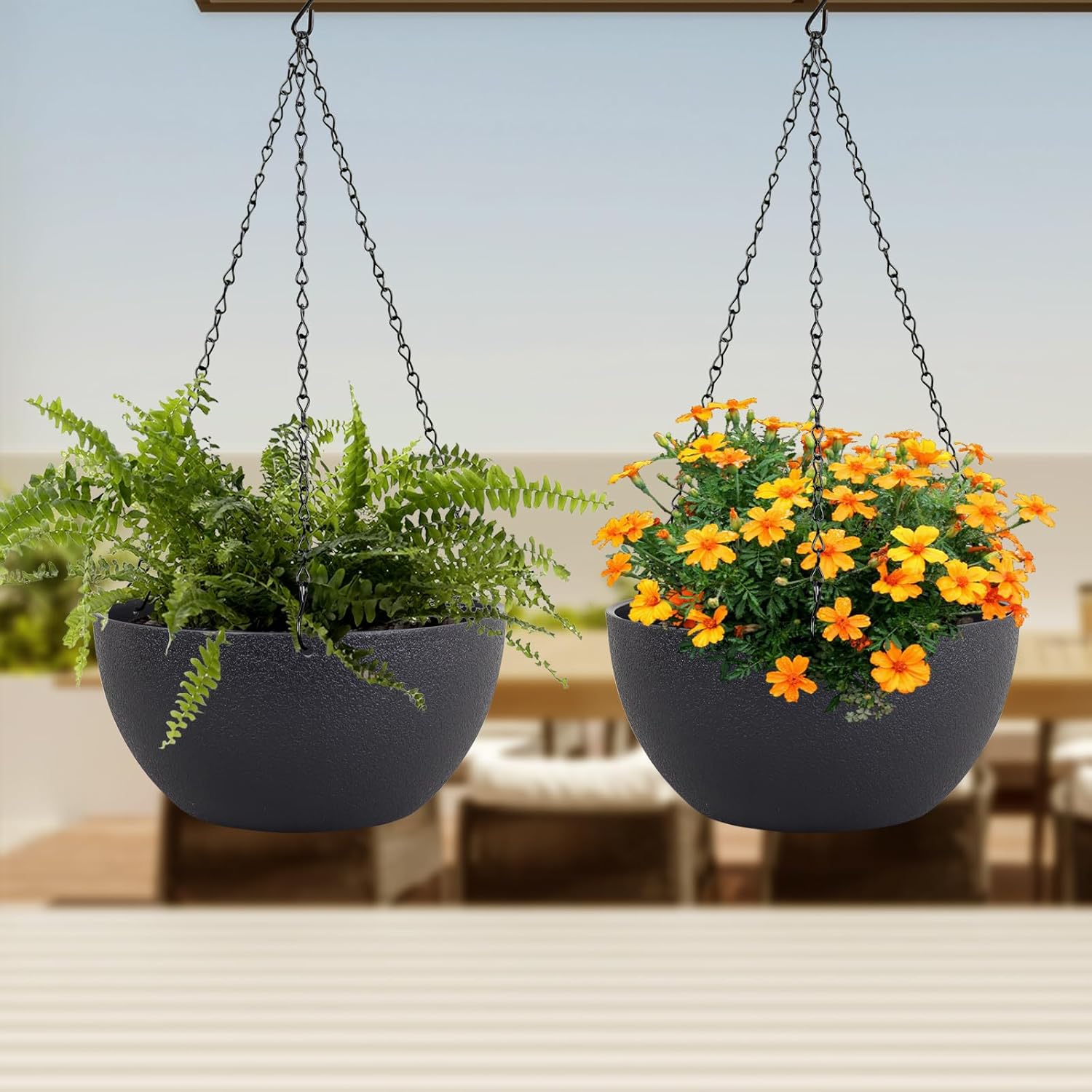 12 inch Large Hanging Planters for Indoor Outdoor Plants, 2 Pack Hanging Flower Pots with Drainage Holes and Chain for Garden Porch, Plastic Hanging Baskets for House Plants, Black