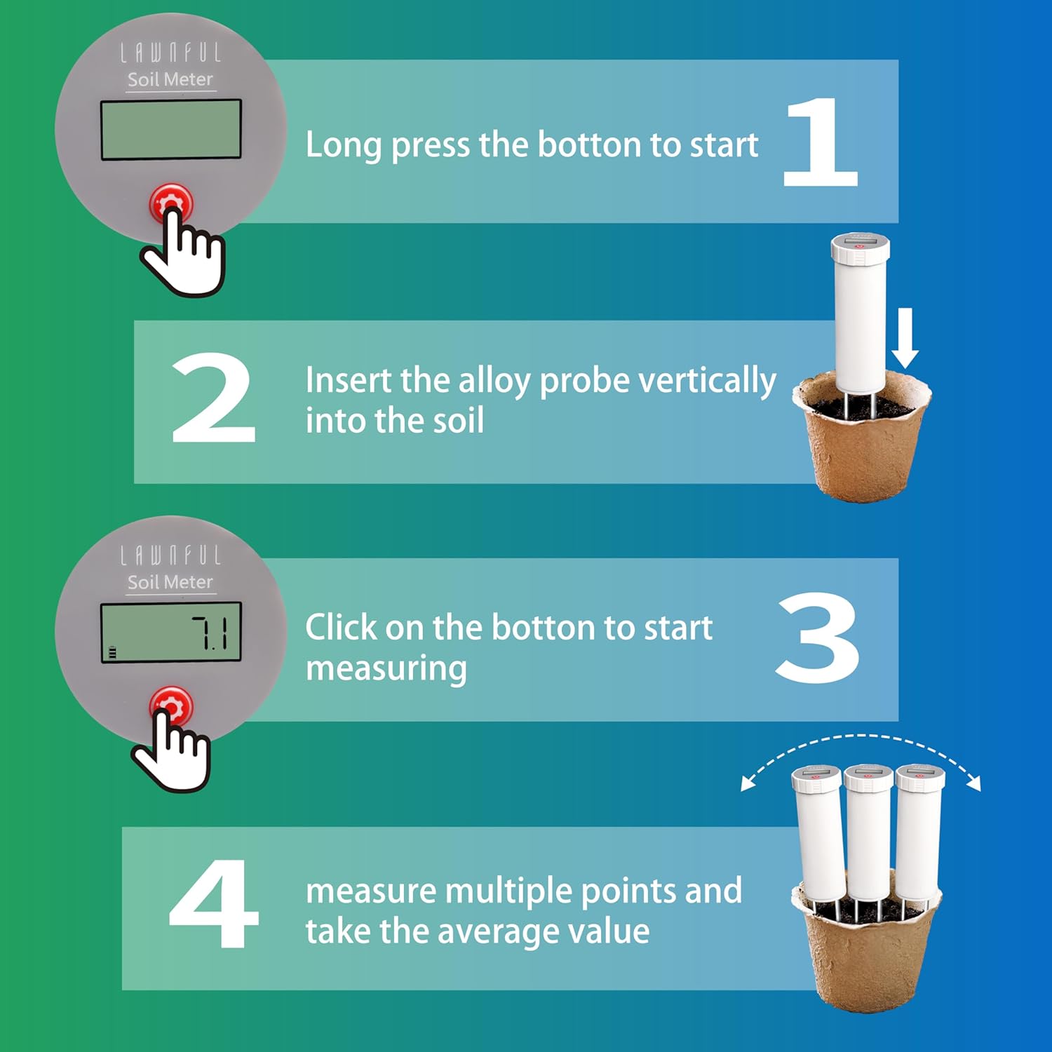 Digital Soil pH Meter, Industrial Grade Soil pH Tester with Calibration-Free LCD Display, High Accuracy Soil pH Pen, Soil pH Monitor for Garden, Lawn, Plant (White)