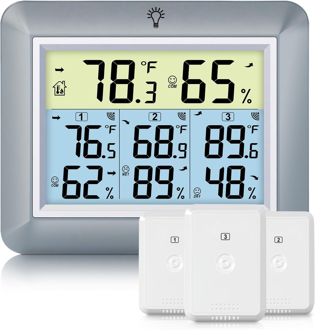 Urageuxy Weather Station Wireless Indoor Outdoor Thermometer with 3 Sensors, Remote Temperature Monitor with Humidity for Home, Baby Nursery, Room, Attic, Patio, Grey