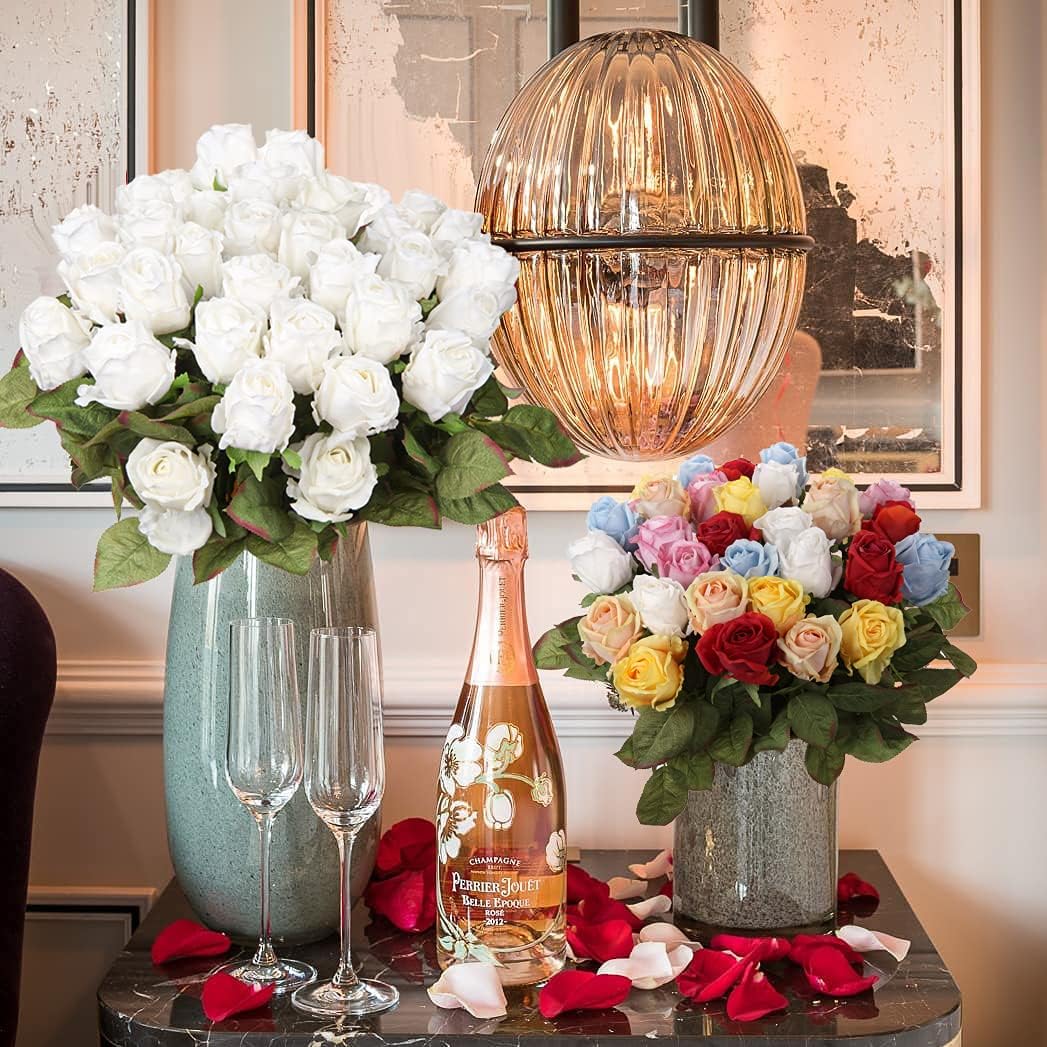 Artificial Realistic Roses White Flowers 24" Real Touch Silk Roses Bouquet Long Stems Rose Fake Roses Decor for Home Party Wedding Table Centerpieces Roses Realistic - 5 Pcs