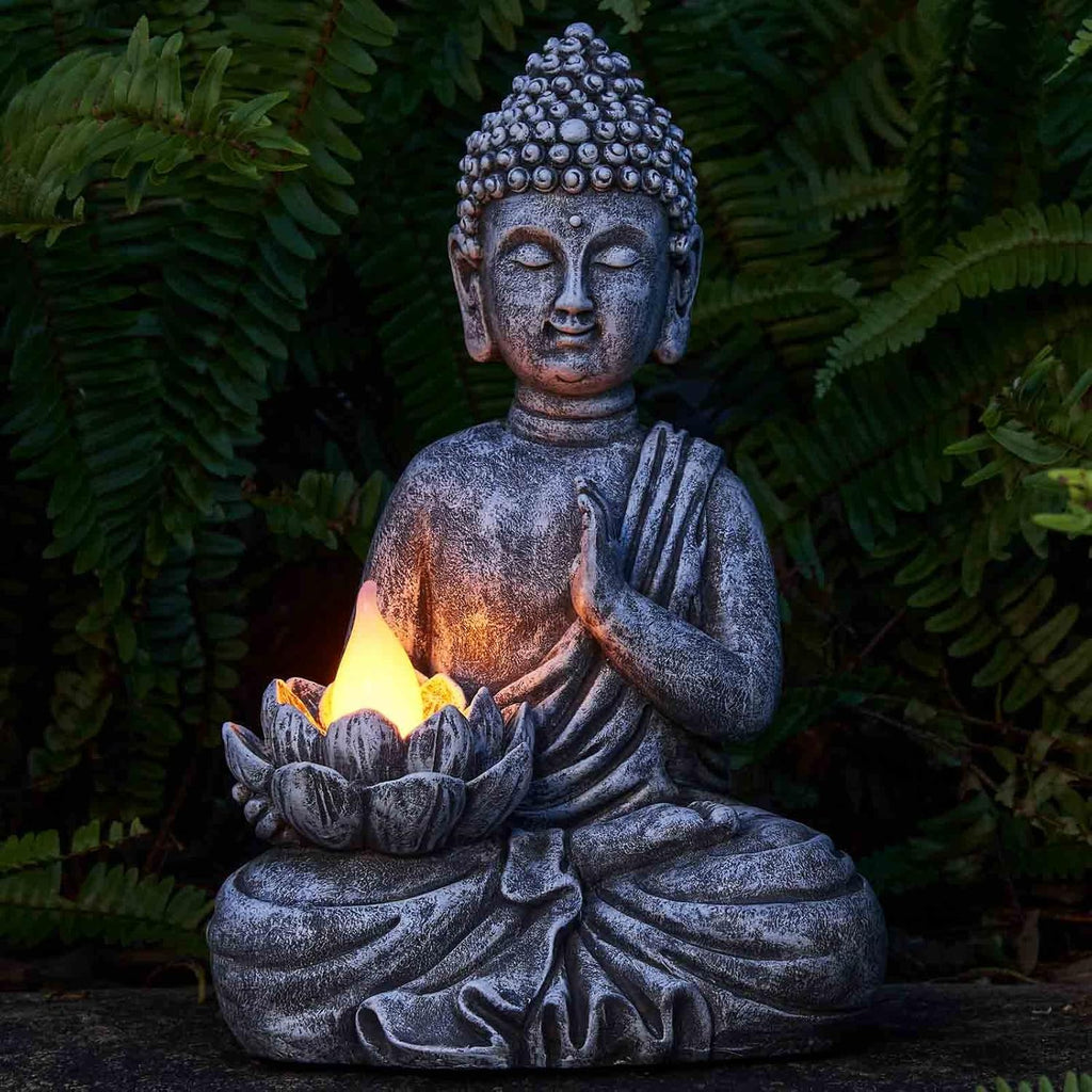 Solar Buddha Statue - Outdoor Zen Sculpture With Flickering LED Lotus Light - Waterproof Garden Decor Gift - 11.81 Inch