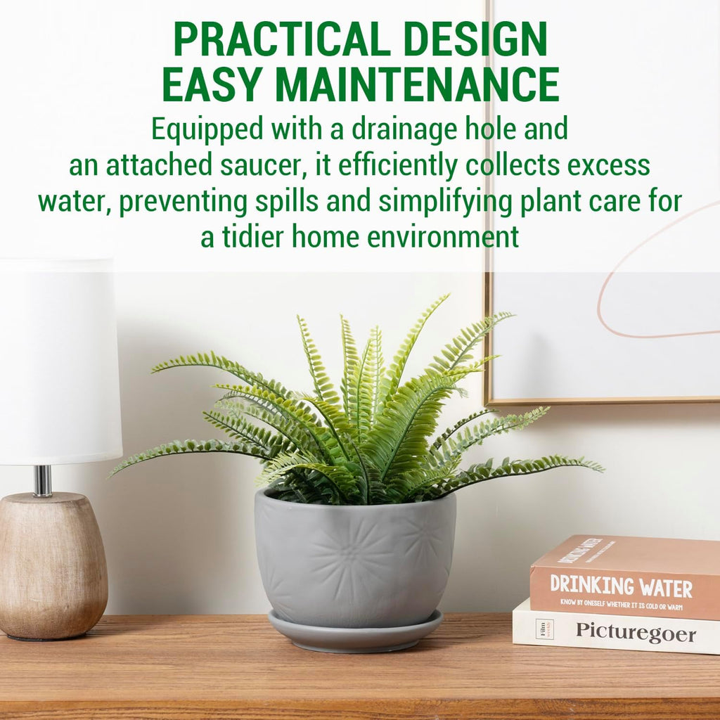 MyGift 7 Inch Grey Ceramic Plant Pot with Drainage Hole and Attached Saucer, Modern Decorative Embossed Sunburst Planter Container for Indoor Home Garden