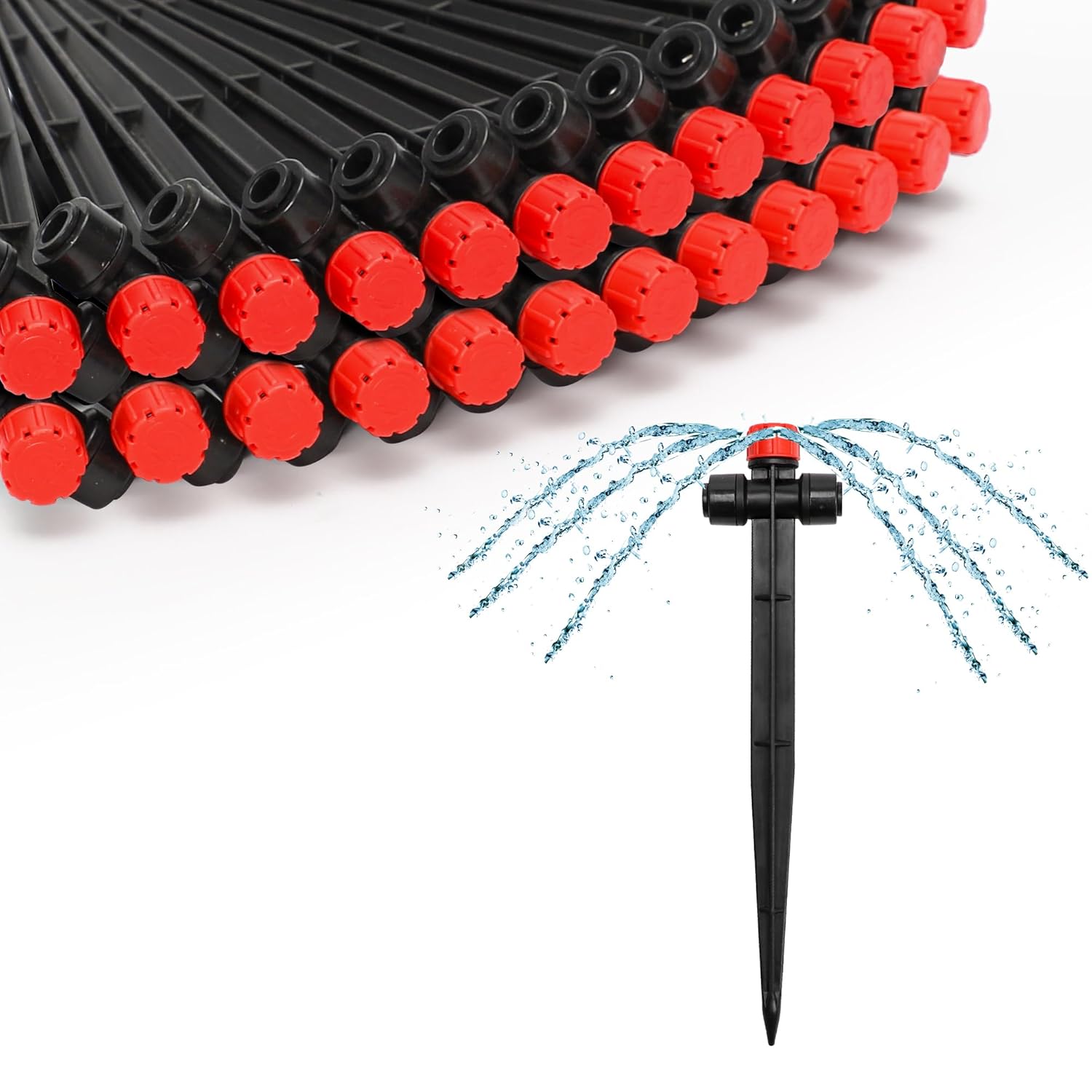 MIXC 20pcs Two-Way Quick-Connect Drip Irrigation Emitters for 1/4" Drip Irrigation Tubing - Adjustable Push-to-Connect 360° Drip Emitters Stream on 7" Sturdy Stake for Irrigation System