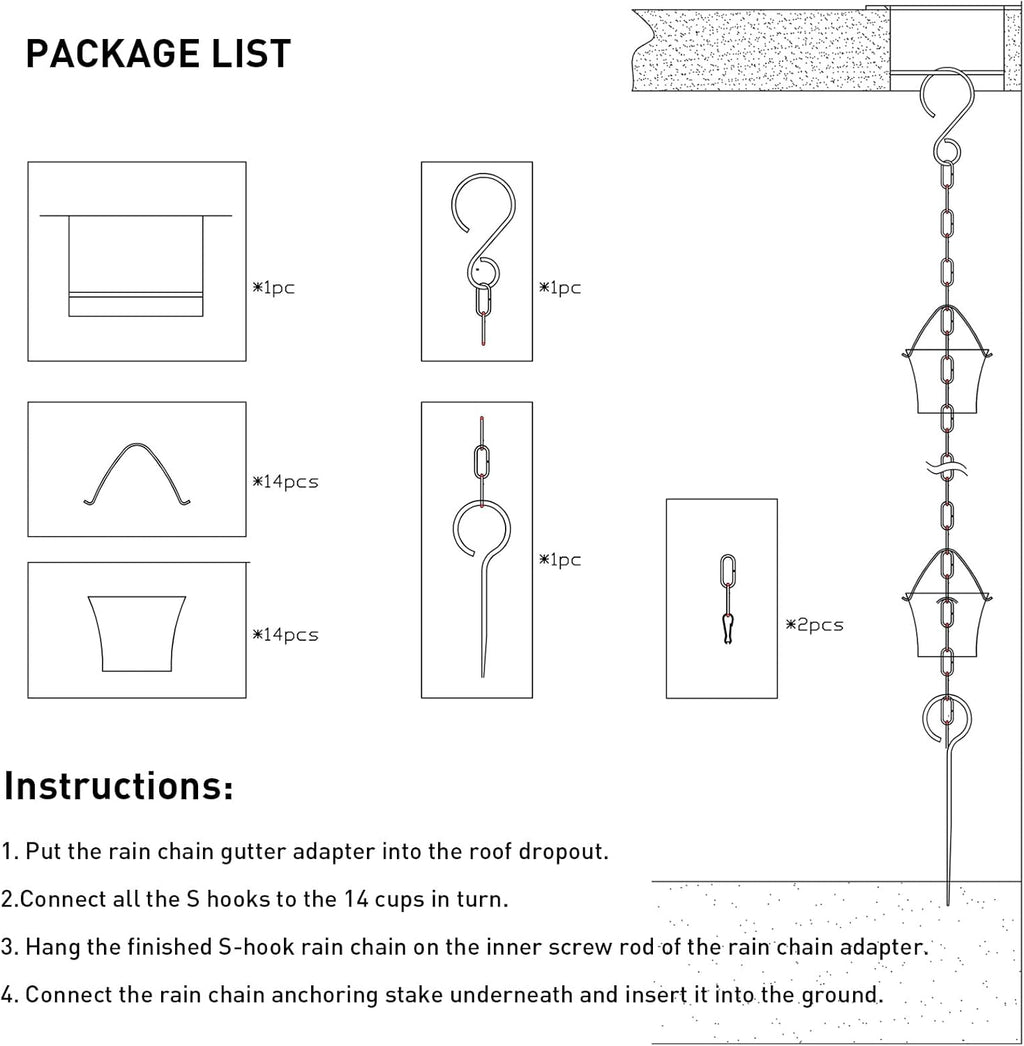 Rain Chain Set 8.5 Ft,Not Rust Wrought Iron Rain Chains for Gutters with Adapter Gotta Drain and Anchoring Stake, 14 Cups, 1 Hook, Adjustable Length for Garden Decorative (Coffee)