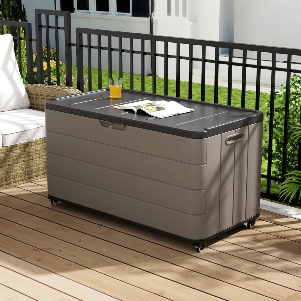 100GAL Brown Wicker-Textured Deck Box with Wheels – Lockable, Waterproof, UV-Resistant, Spacious Storage for Patio & Garden Supplies, Easy Handling