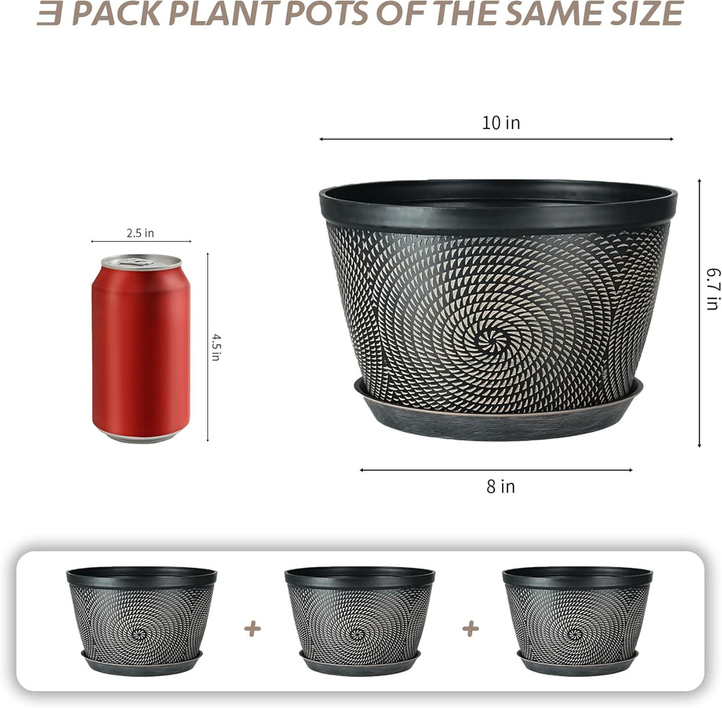 Quarut 10 Inch Flower Pots for Outdoor Indoor, 3 Pack Plastic Plant Pots with Drainage Hole & Tray, Modern Decorative Garden Pot with Saucer, planters for House (Black Copper)
