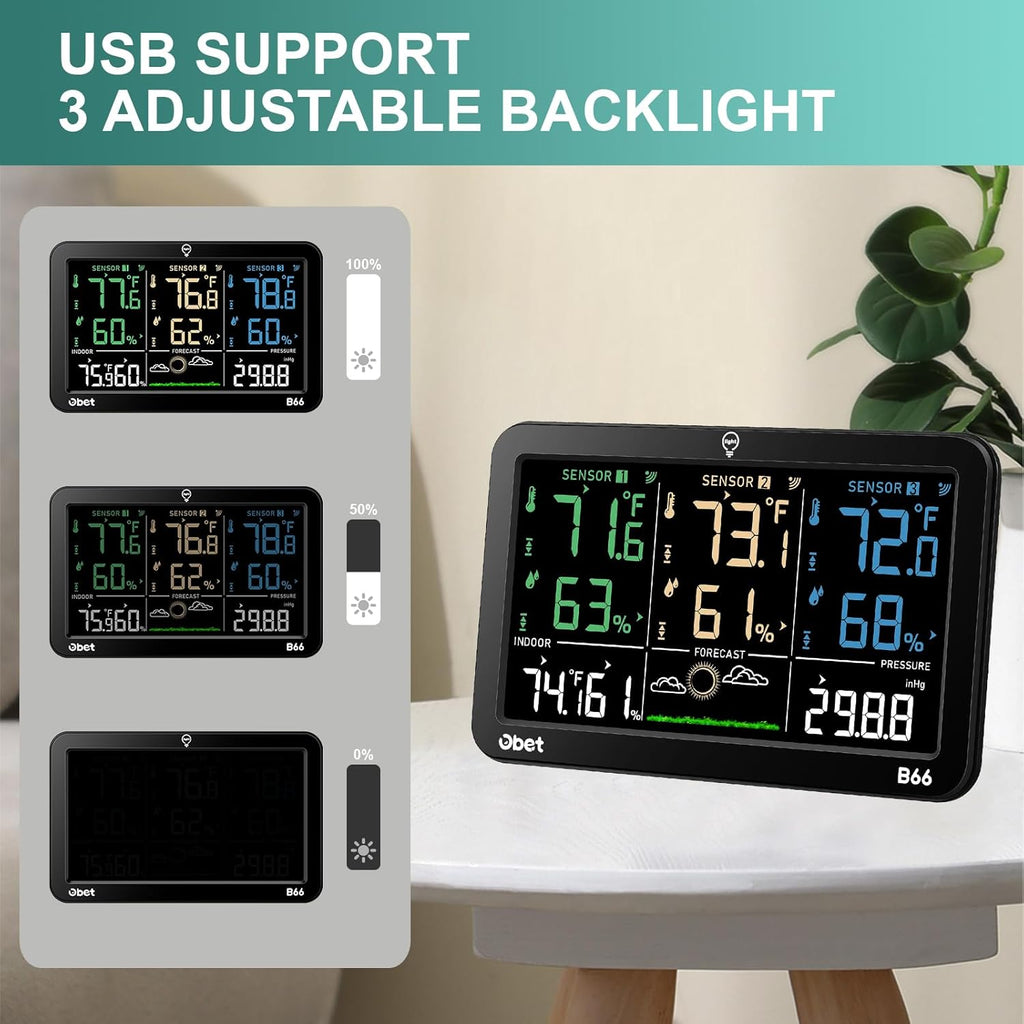 OBET Weather Station Wireless Indoor Outdoor Thermometer with 3 Sensors, Temperature Humidity Monitor with Alerts 500ft Range and 3 Adjustable Brightness