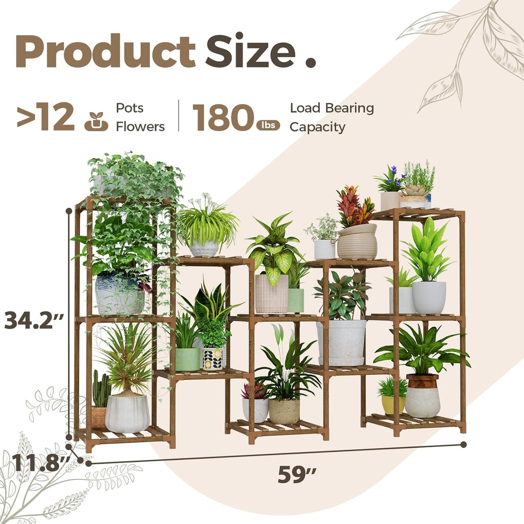 Bamworld Large Plant Shelf Outdoor Wood Plant Stand Large Rack for Living Room Patio, Balcony and Garden