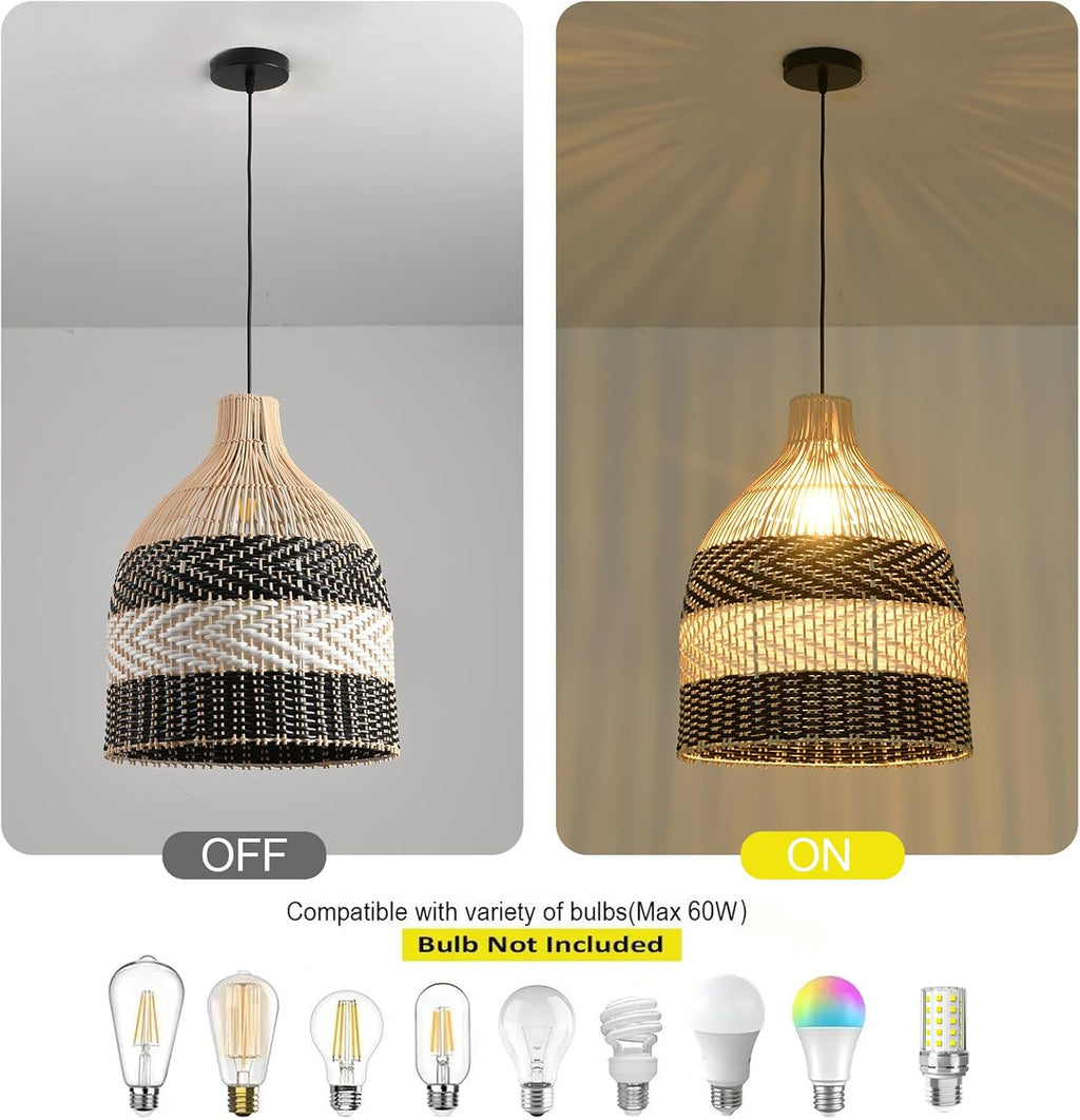 11.8" Rattan Pendant Light 1-Pack Black White Faux Rattan Basket Chandelier Boho Handmade Woven Oval Wicker Hanging Light Fixture for Public Place Dining Living Bedroom Kitchen