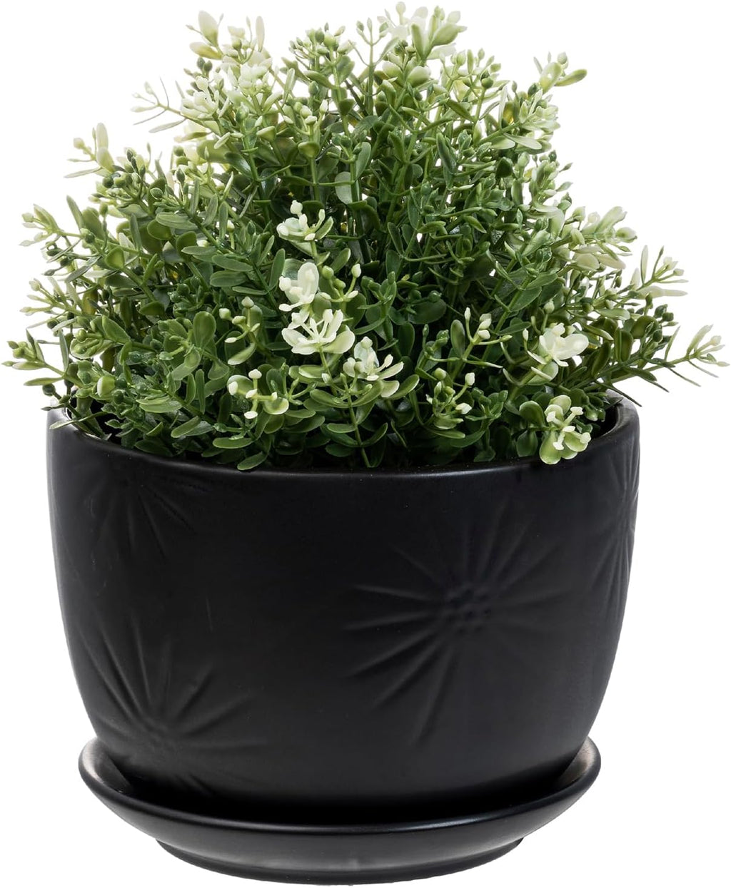 MyGift 7 Inch Round Matte Black Ceramic Plant Pot with Drainage Hole and Attached Saucer, Modern Decorative Embossed Sunburst Planter Container for Indoor Home Garden