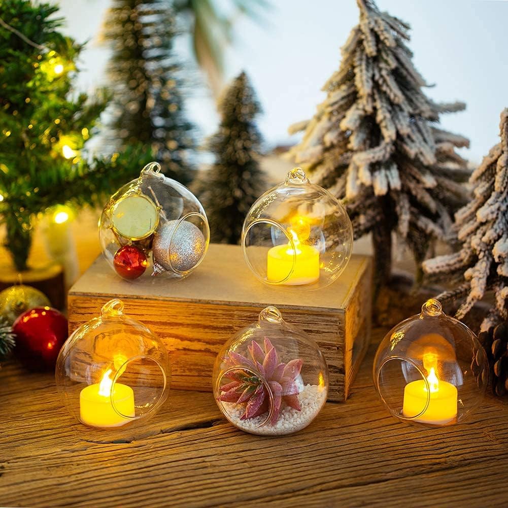 Sziqiqi Hanging Glass Tealight Candle Holder with LED Candles - 3.15inch Tea Light Globe Terrarium Holders Ornament for Wedding Christmas Birthday Halloween Party Centerpieces Decor 8pcs