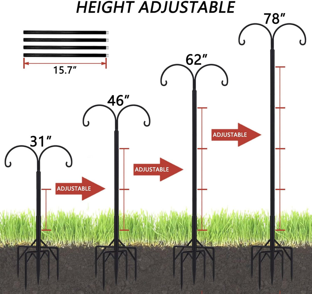 Bird Feeder Pole, Double Shepherds Hooks for Outdoor, 5 Base Prongs Adjustable Stand for Hanging Heavy Duty Feeders, Plant Baskets, Garden Plant Hanger Stands (78Inch, 2 Pack)