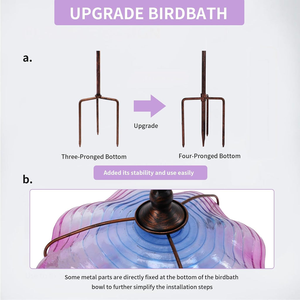 MUMTOP 31 Inch Height Glass Birdbaths, Outdoor Bird Bath Birdfeeder with Metal Stake Garden Yard Outside, Purple
