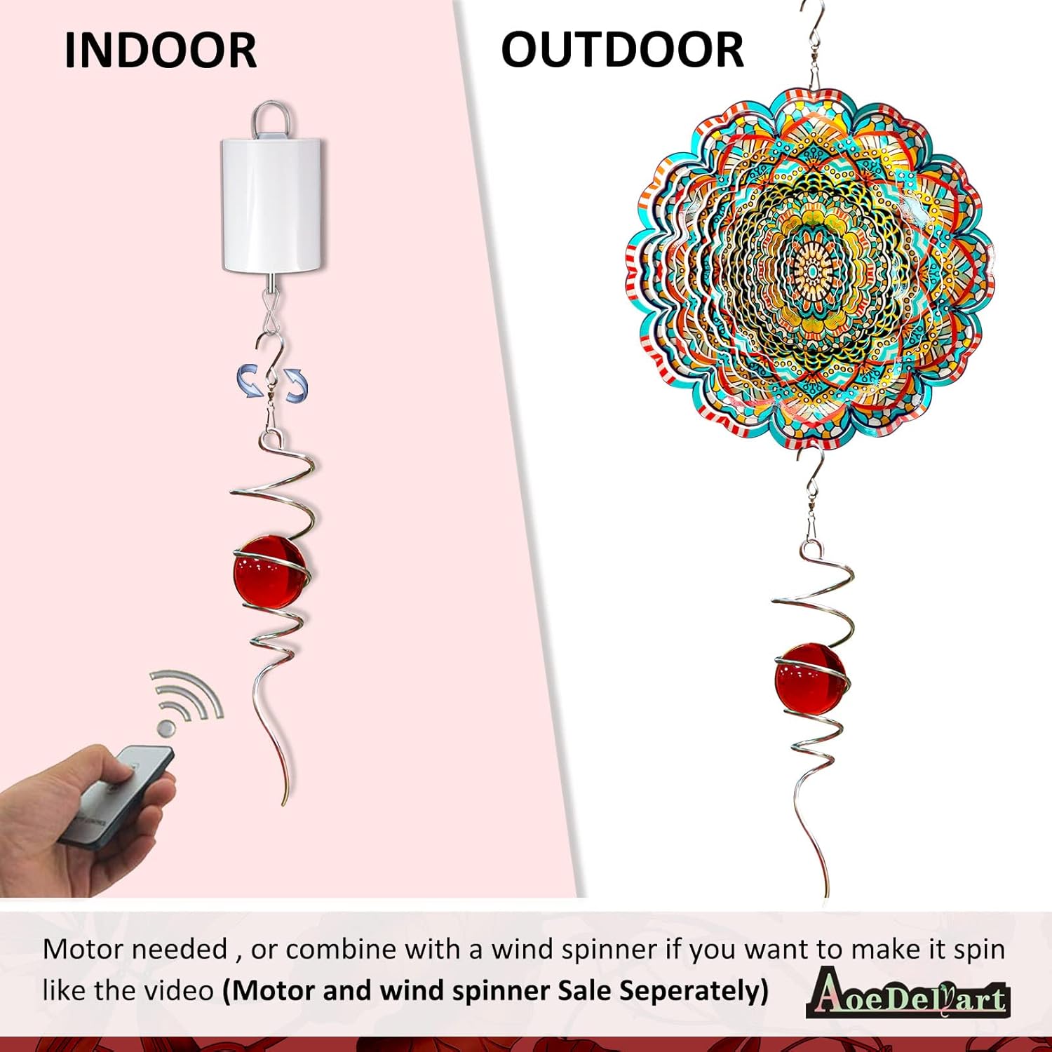 Gazing Ball Spiral Decorative Wind Spinner Sun Catcher 11inch Tail and 2 inch Glass Orb. Indoor Outdoor Garden Decoration Wind Sculptures Wind Spinner Tail-13 inch Height (red)